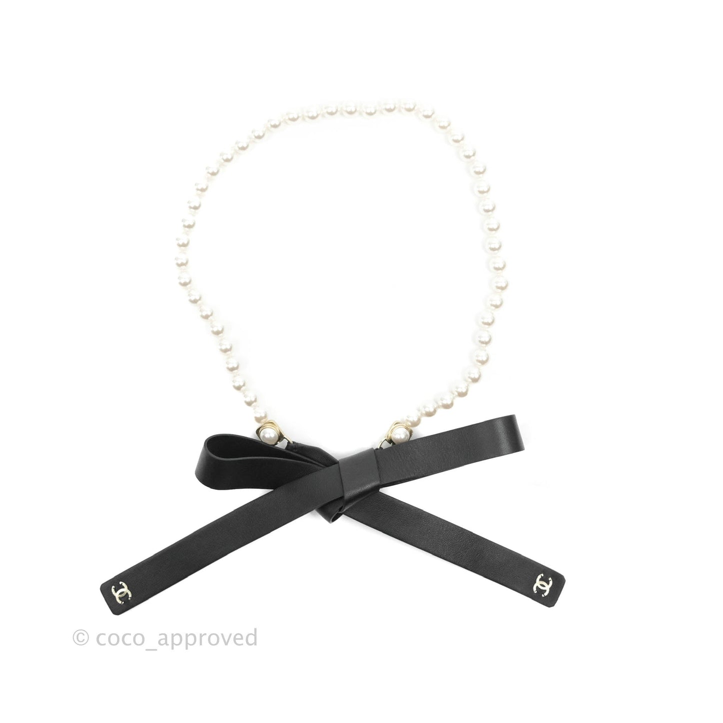 Chanel Pearl Black Leather Ribbon Belt Gold Tone 21C Size XS