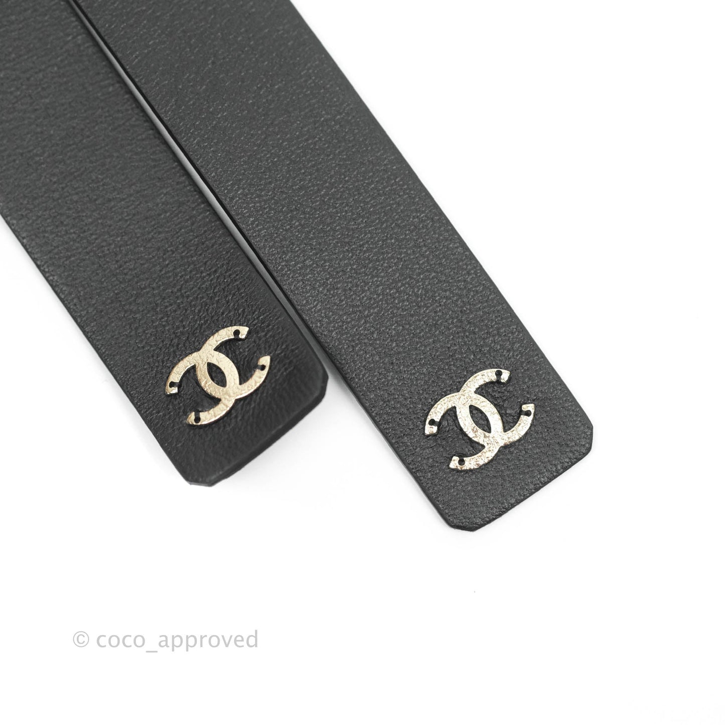 Chanel Pearl Black Leather Ribbon Belt Gold Tone 21C Size XS