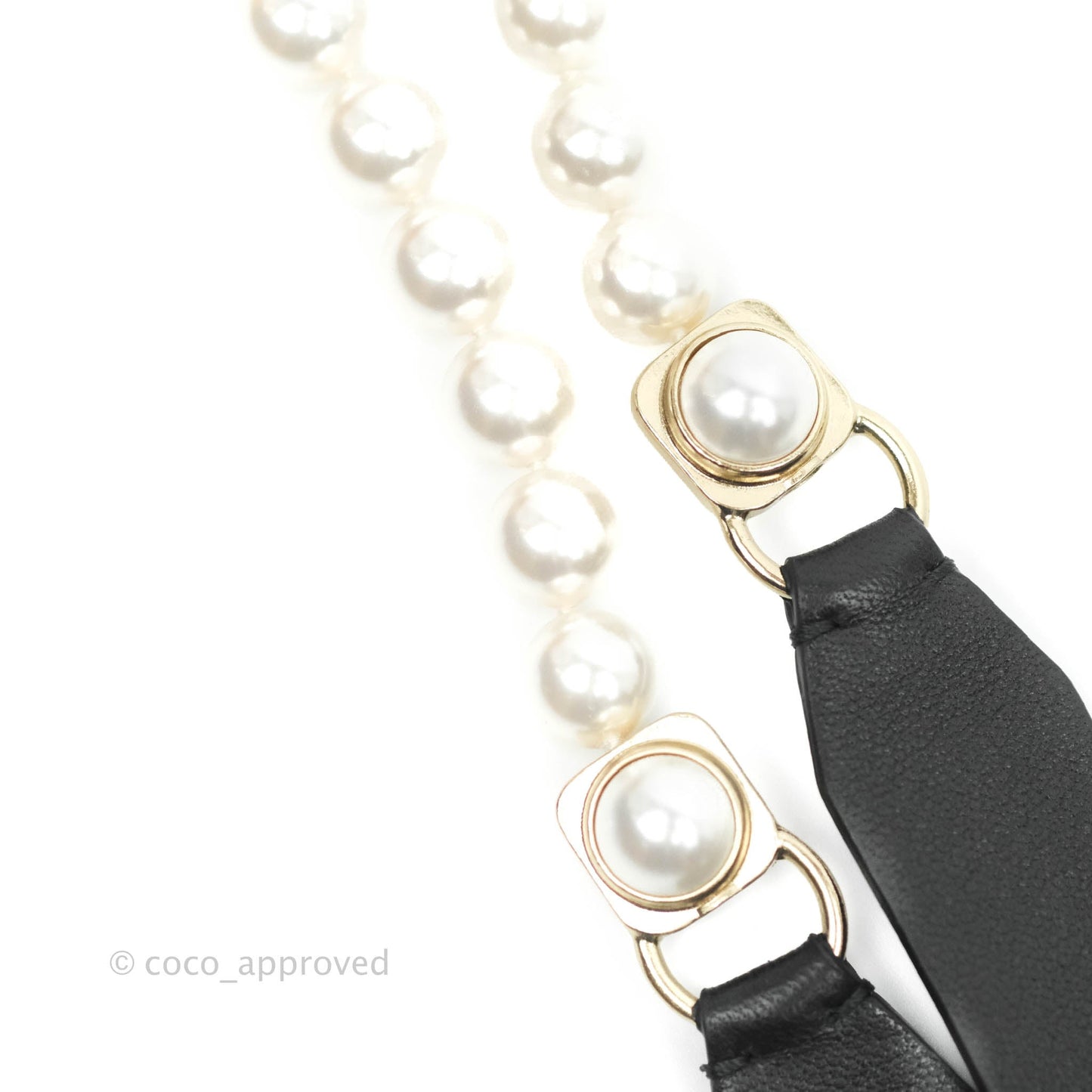 Chanel Pearl Black Leather Ribbon Belt Gold Tone 21C Size XS