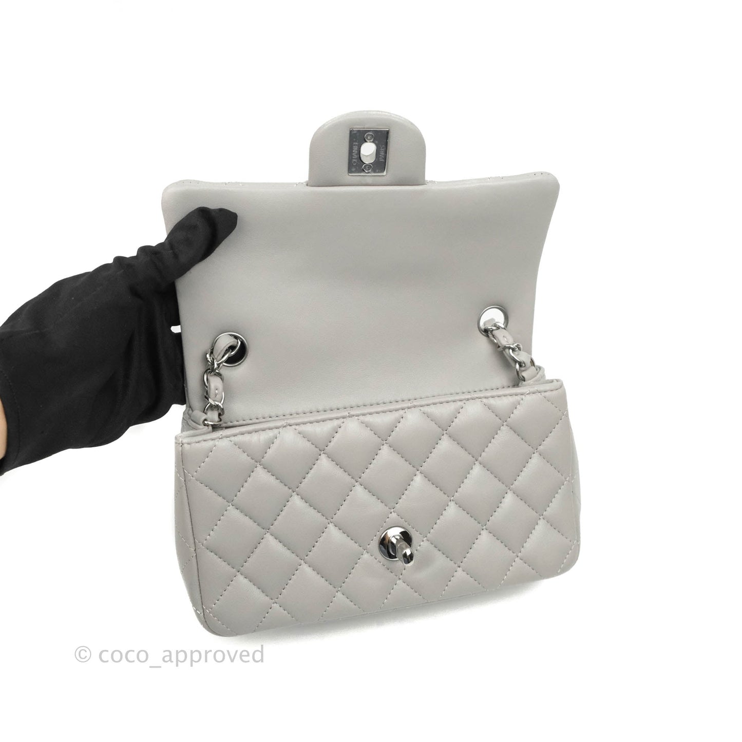 Chanel Classic Quilted Mini Rectangular Flap Grey Lambskin Silver Hardware 21B