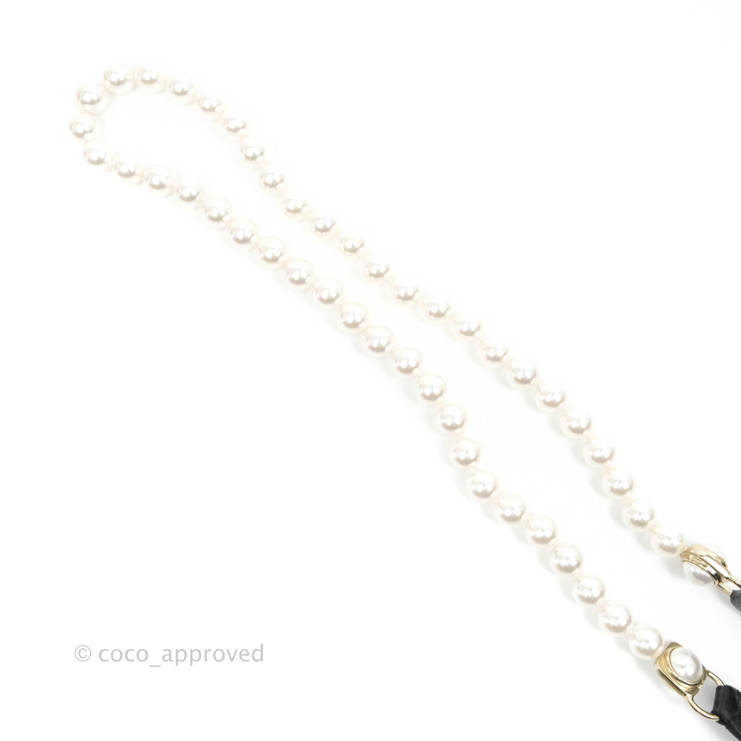 Chanel Pearl Black Leather Ribbon Belt Gold Tone 21C Size XS