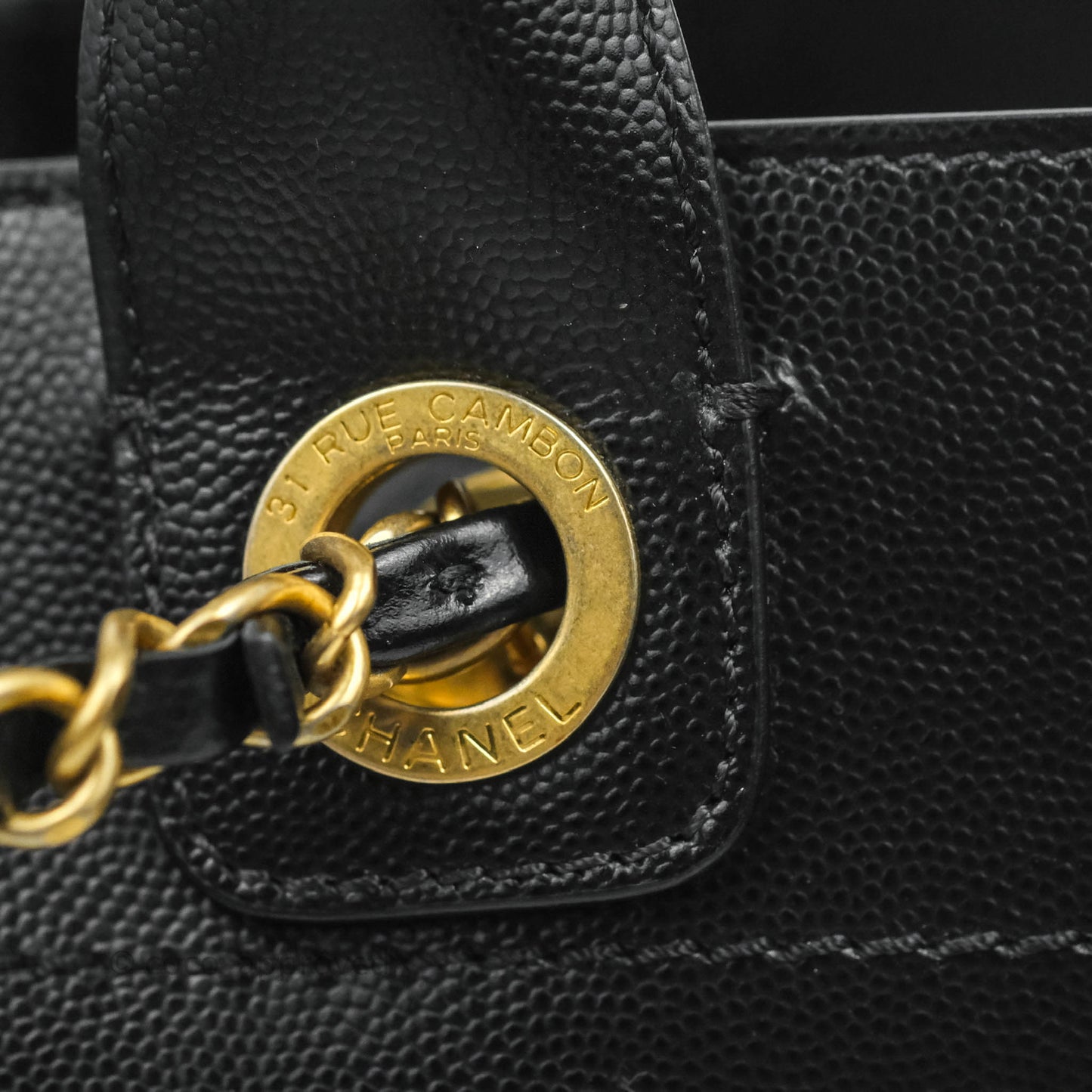 Chanel Small Studded Black Caviar Deauville Shopping Bag Aged Gold Hardware