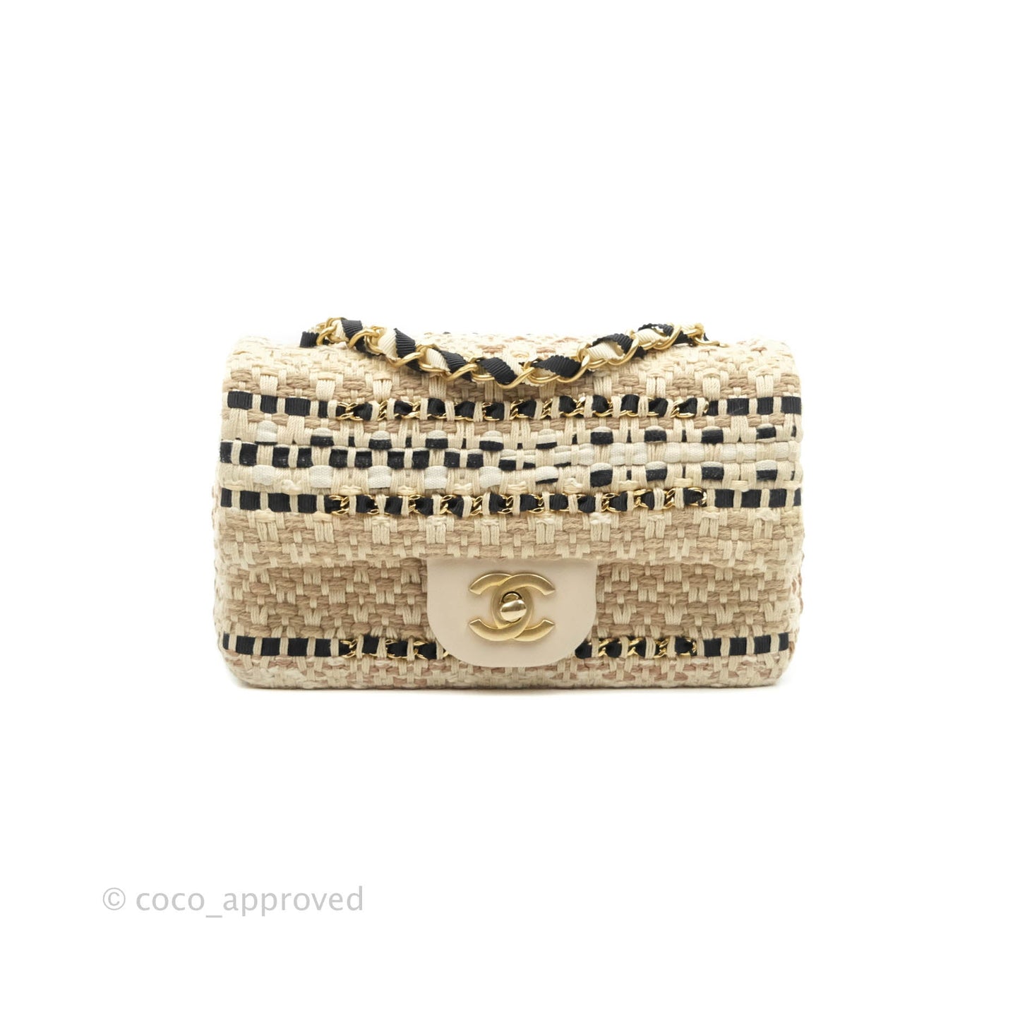 Chanel Mini Rectangular Flap Beige Tweed Chain Braid Aged Gold Hardware 19P