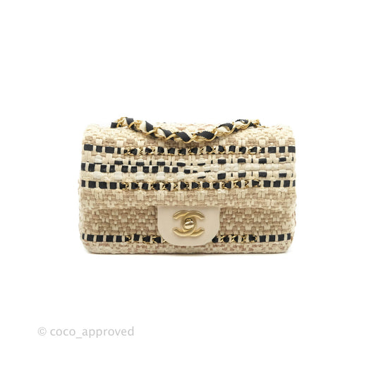 Chanel Mini Rectangular Flap Beige Tweed Chain Braid Aged Gold Hardware 19P