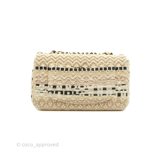 Chanel Mini Rectangular Flap Beige Tweed Chain Braid Aged Gold Hardware 19P