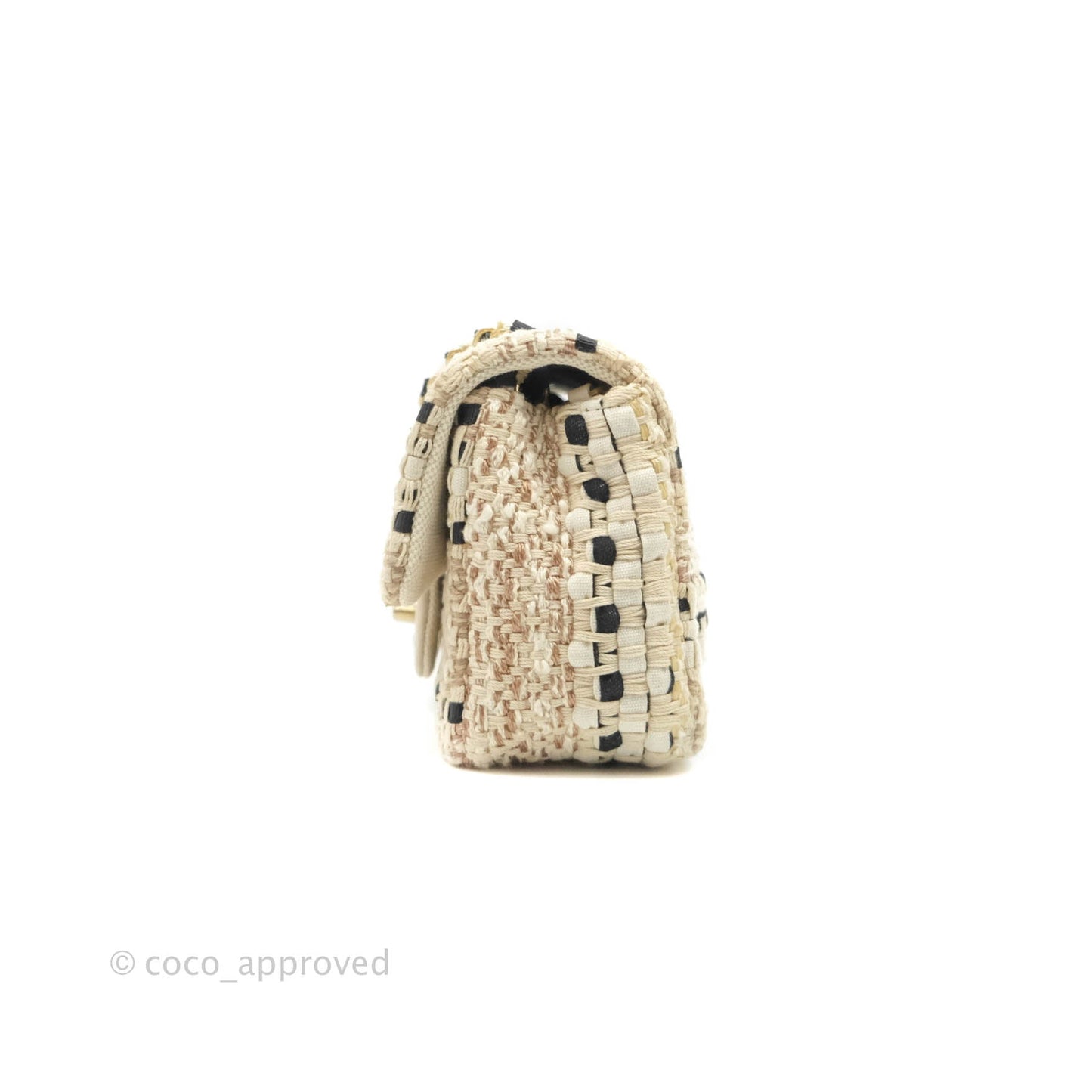 Chanel Mini Rectangular Flap Beige Tweed Chain Braid Aged Gold Hardware 19P