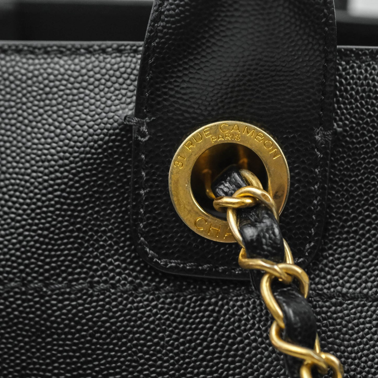Chanel Small Studded Black Caviar Deauville Shopping Bag Aged Gold Hardware