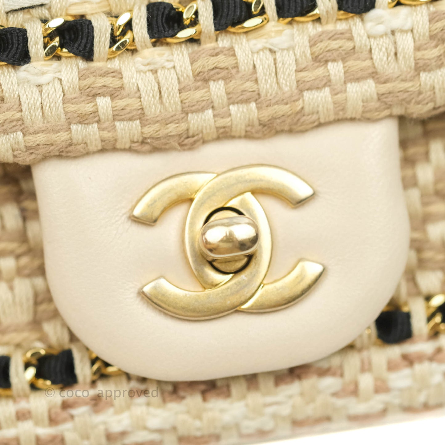 Chanel Mini Rectangular Flap Beige Tweed Chain Braid Aged Gold Hardware 19P