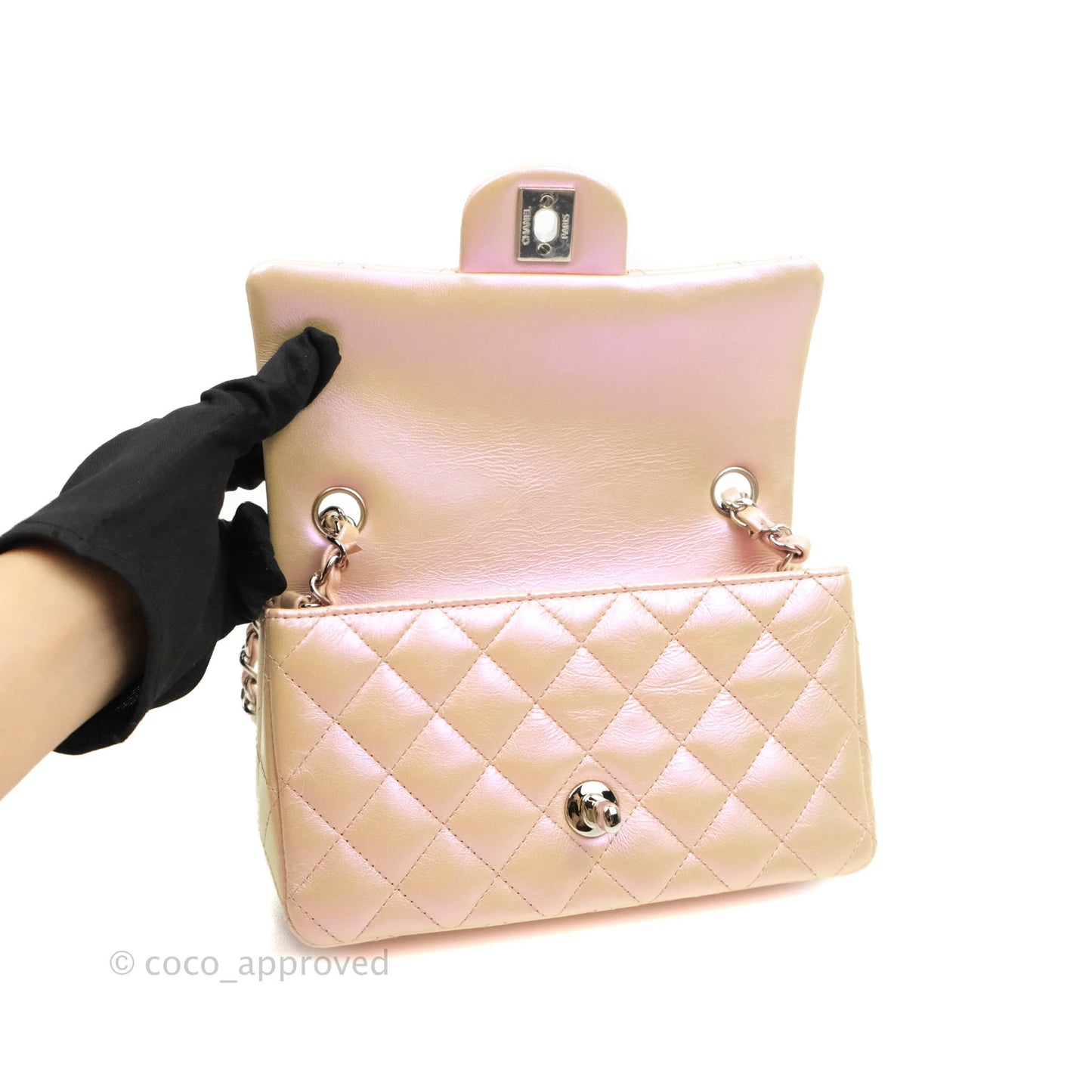 Chanel Quilted Mini Rectangular Iridescent Pink Calfskin Silver Hardware