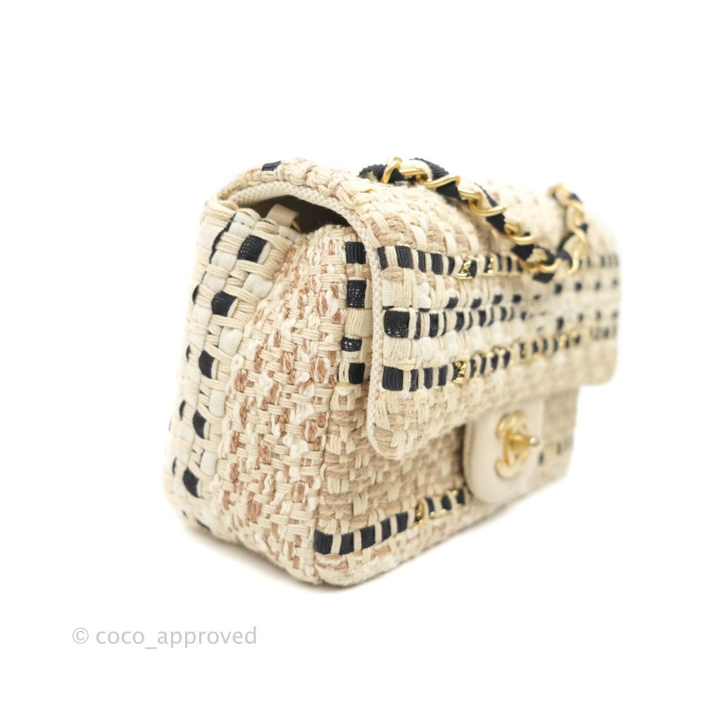 Chanel Mini Rectangular Flap Beige Tweed Chain Braid Aged Gold Hardware 19P