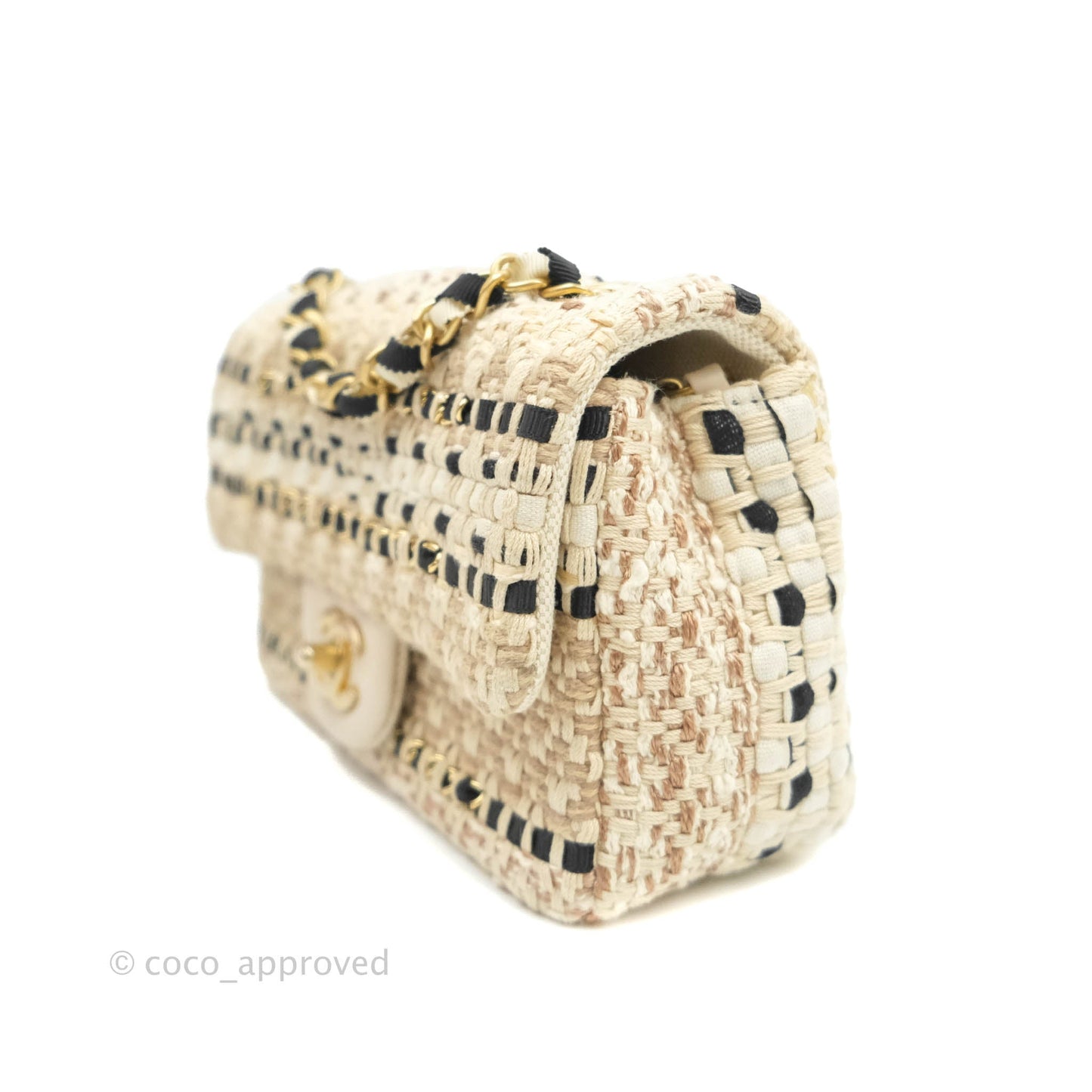 Chanel Mini Rectangular Flap Beige Tweed Chain Braid Aged Gold Hardware 19P