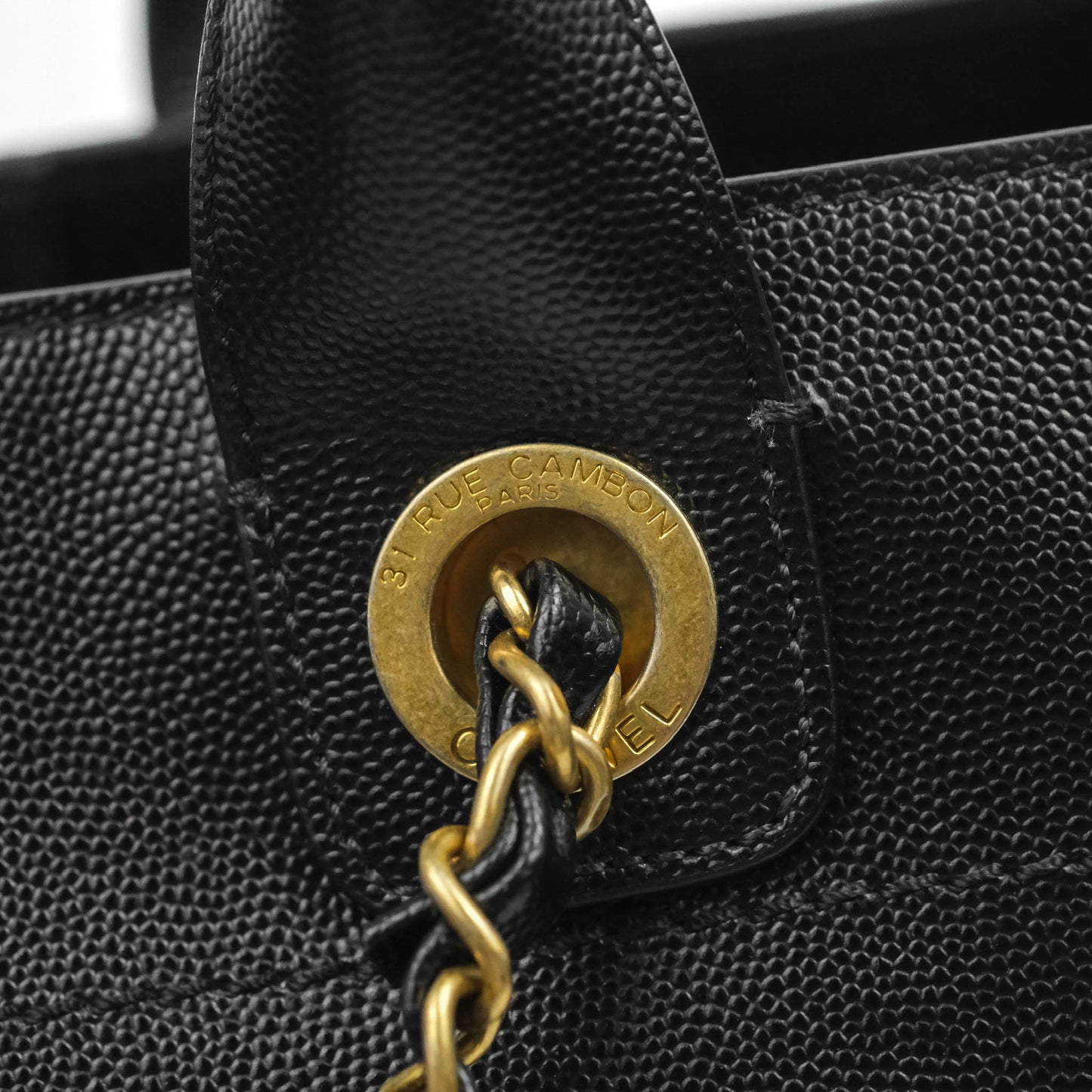 Chanel Small Studded Black Caviar Deauville Shopping Bag Aged Gold Hardware