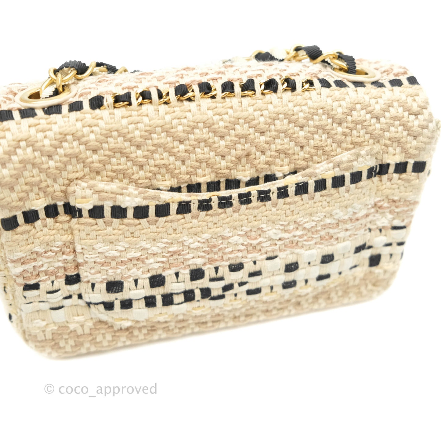 Chanel Mini Rectangular Flap Beige Tweed Chain Braid Aged Gold Hardware 19P