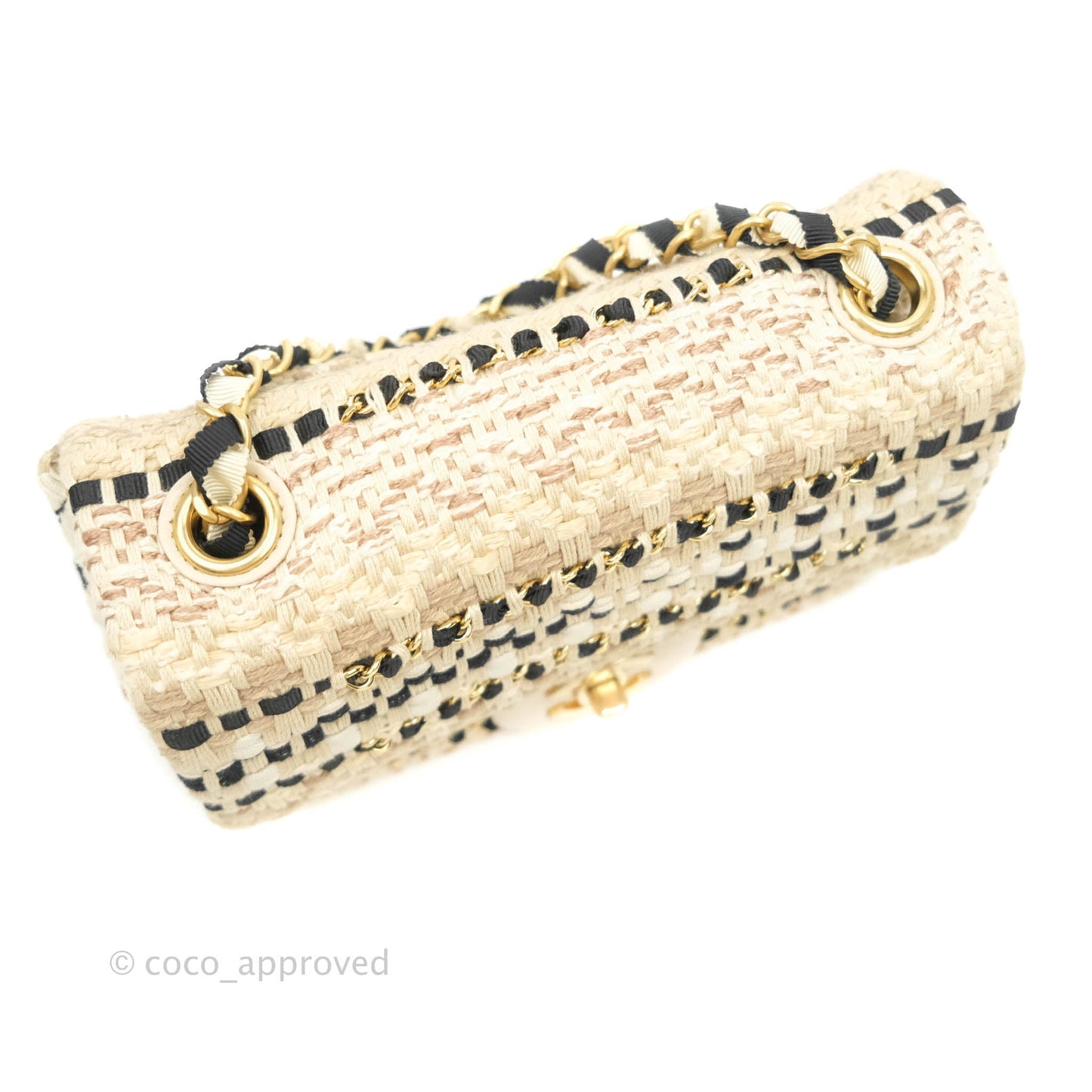 Chanel Mini Rectangular Flap Beige Tweed Chain Braid Aged Gold Hardware 19P