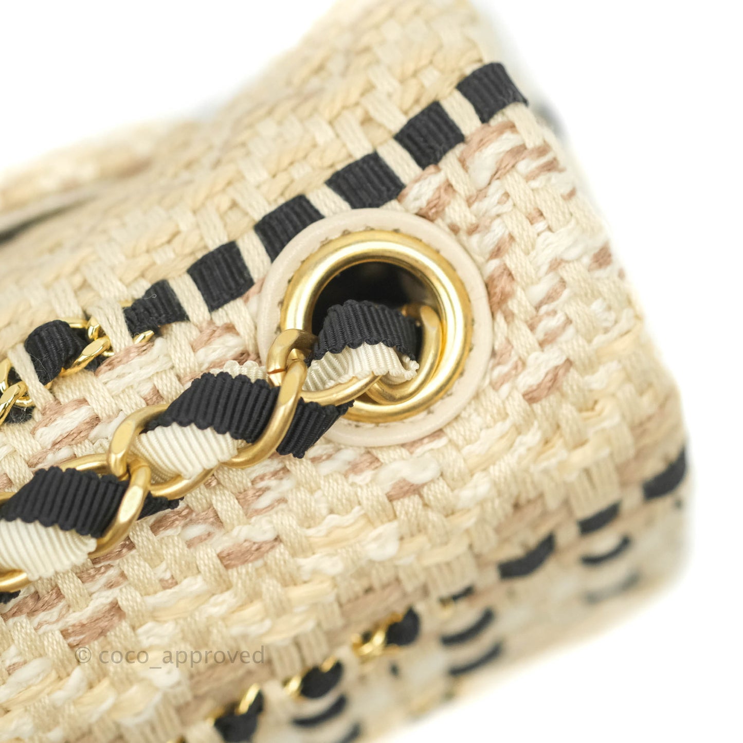 Chanel Mini Rectangular Flap Beige Tweed Chain Braid Aged Gold Hardware 19P