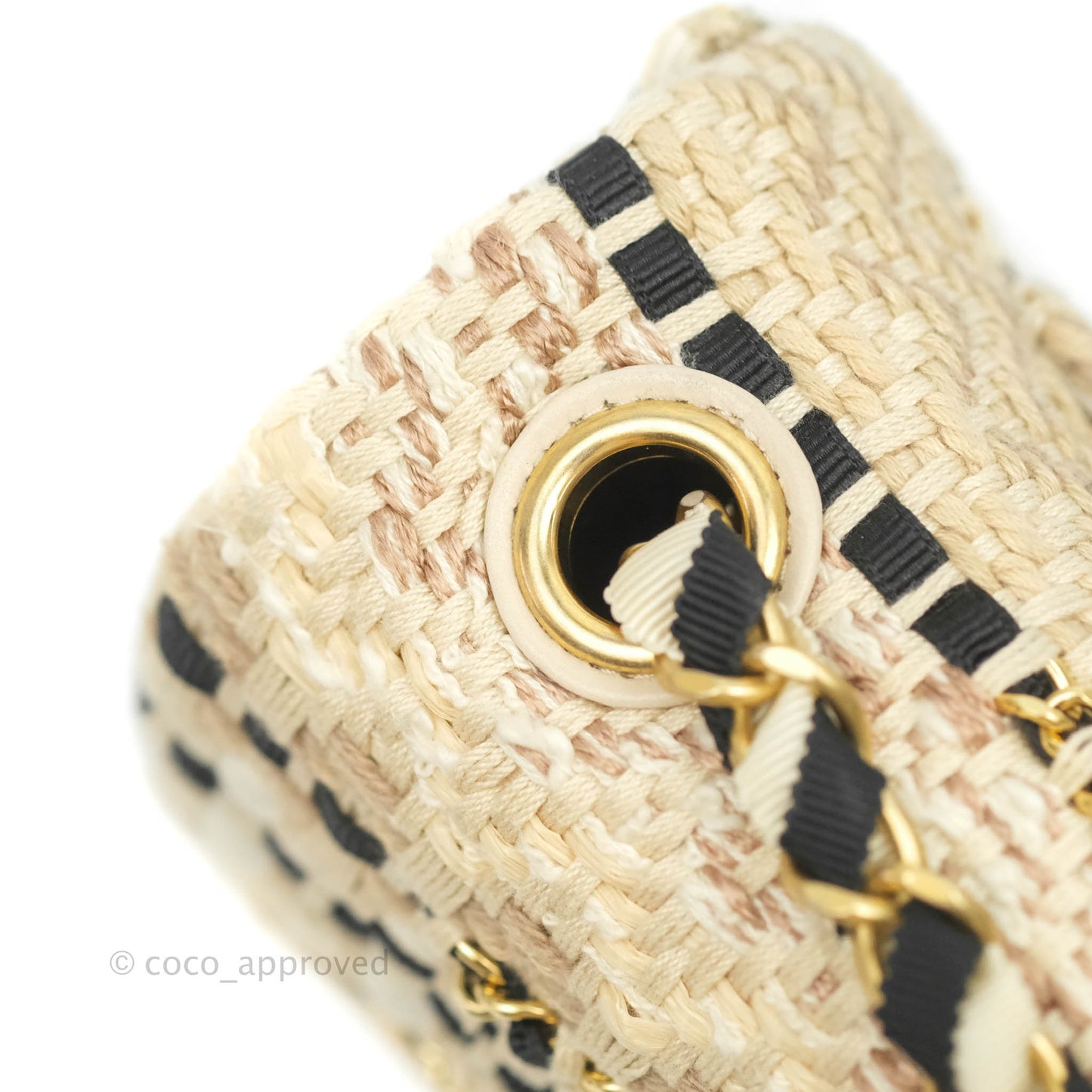 Chanel Mini Rectangular Flap Beige Tweed Chain Braid Aged Gold Hardware 19P