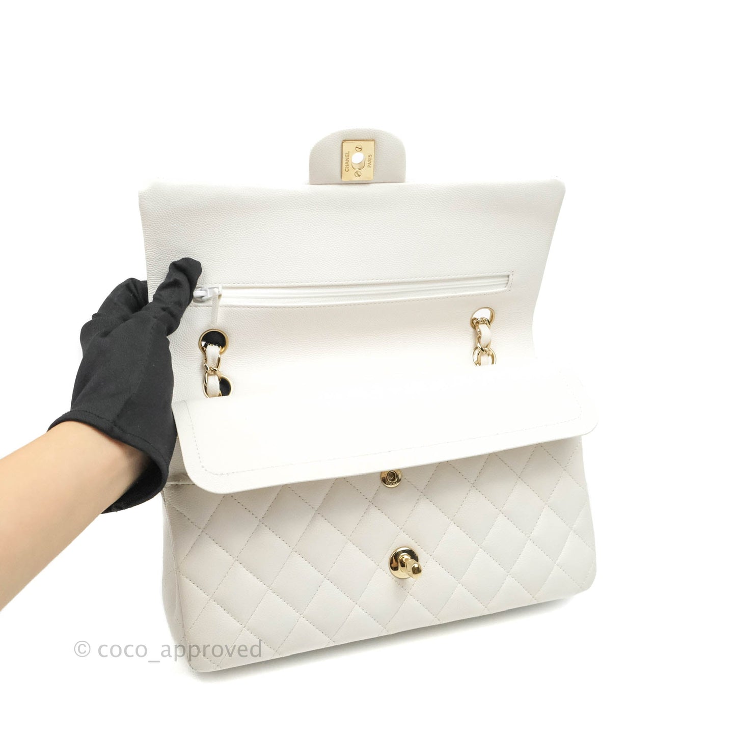 Chanel Quilted M/L Medium Double Flap White Caviar Gold Hardware