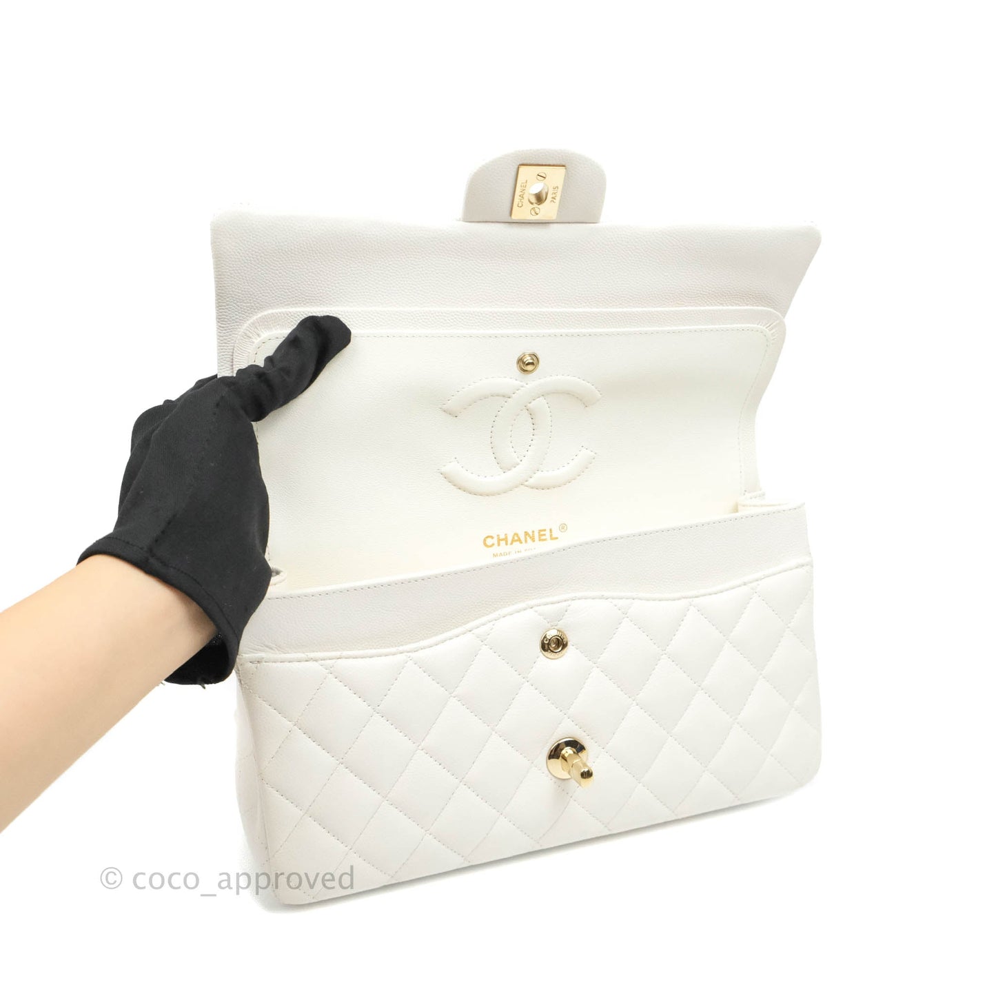Chanel Quilted M/L Medium Double Flap White Caviar Gold Hardware