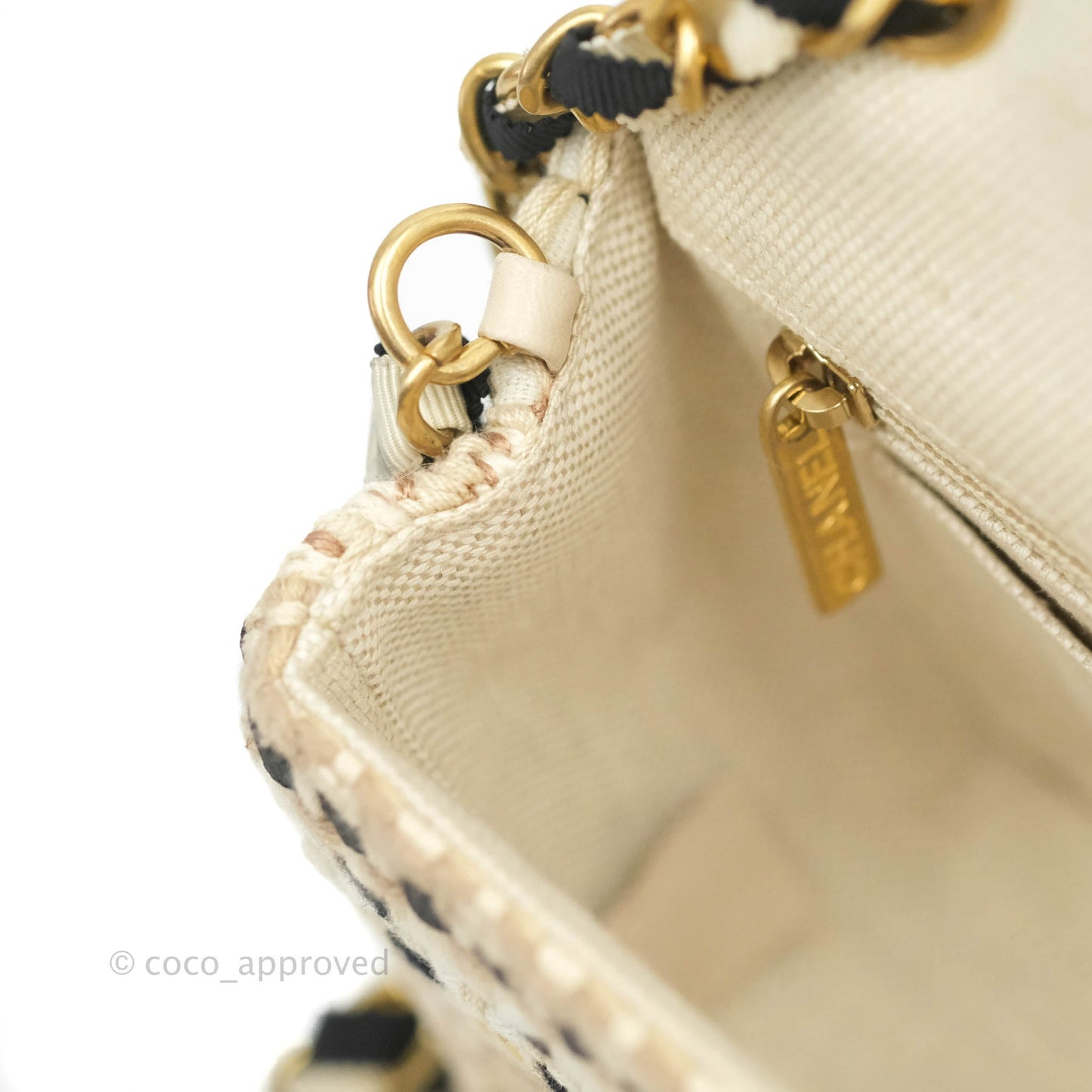 Chanel Mini Rectangular Flap Beige Tweed Chain Braid Aged Gold Hardware 19P