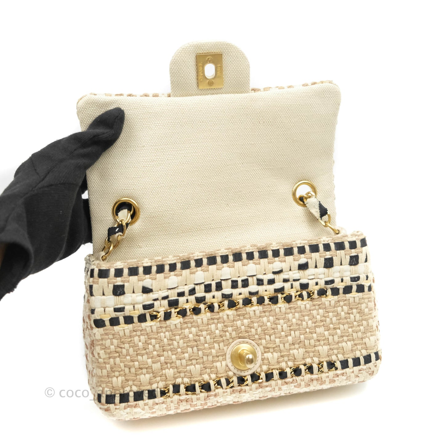 Chanel Mini Rectangular Flap Beige Tweed Chain Braid Aged Gold Hardware 19P