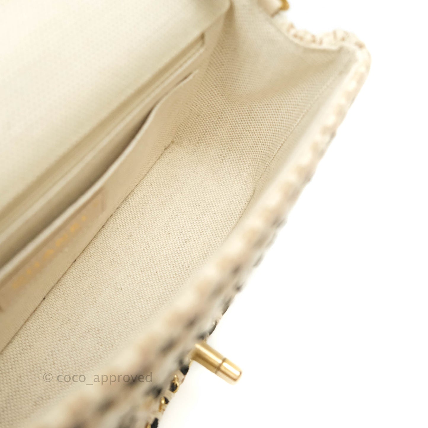 Chanel Mini Rectangular Flap Beige Tweed Chain Braid Aged Gold Hardware 19P