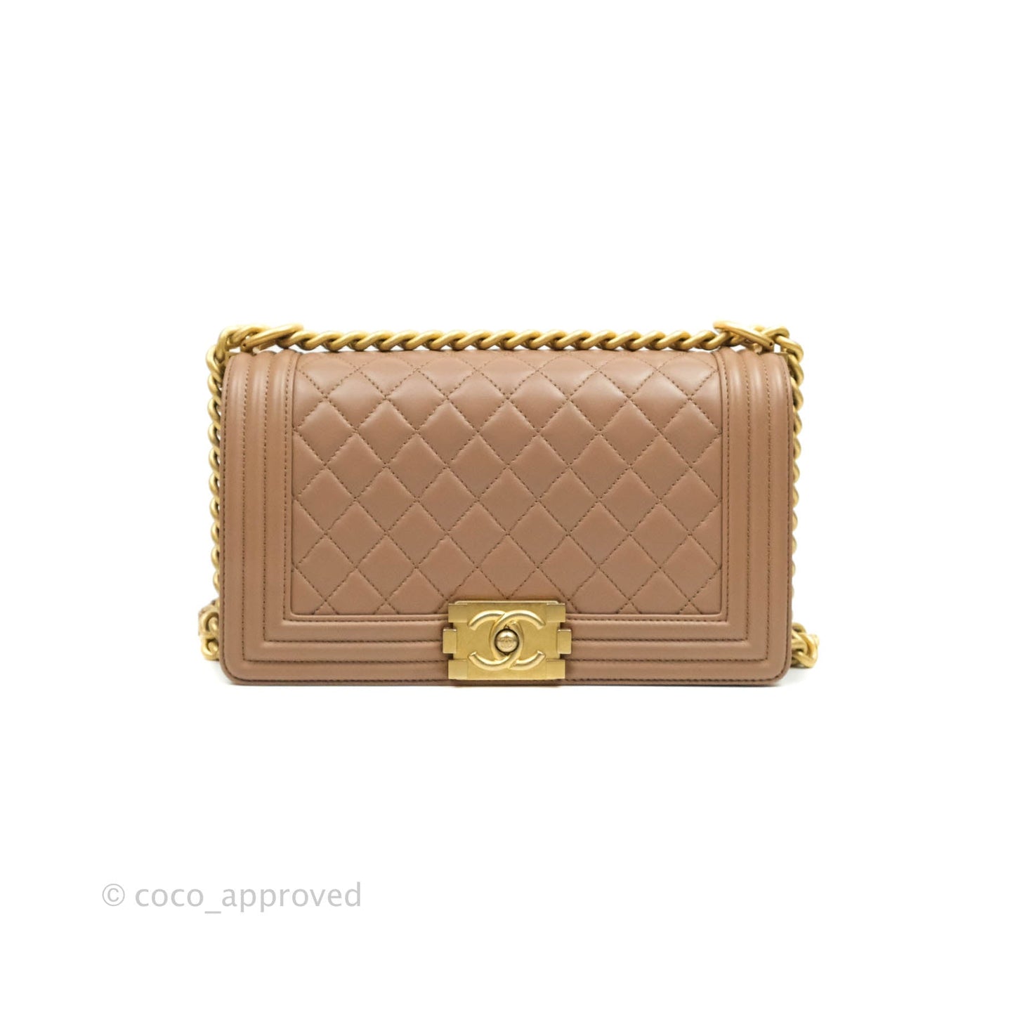 Chanel Old Medium Boy Bag Dark Beige Lambskin Aged Gold Hardware
