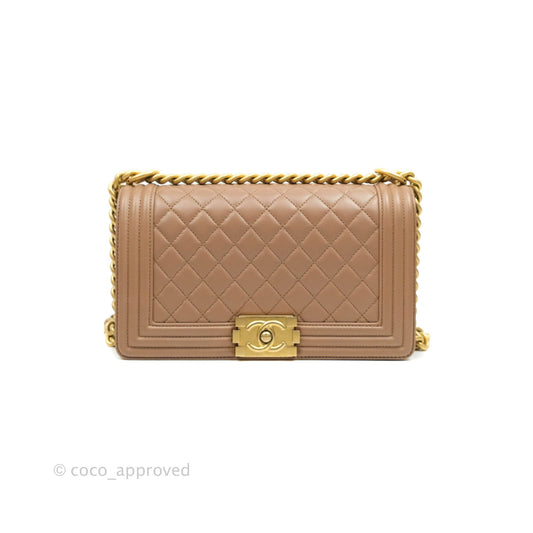 Chanel Old Medium Boy Bag Dark Beige Lambskin Aged Gold Hardware