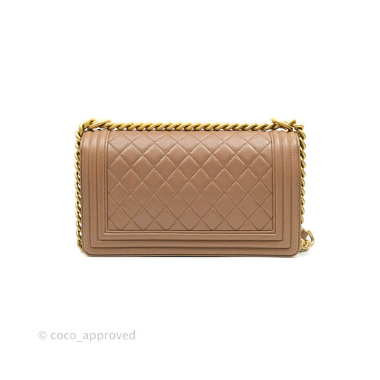 Chanel Old Medium Boy Bag Dark Beige Lambskin Aged Gold Hardware