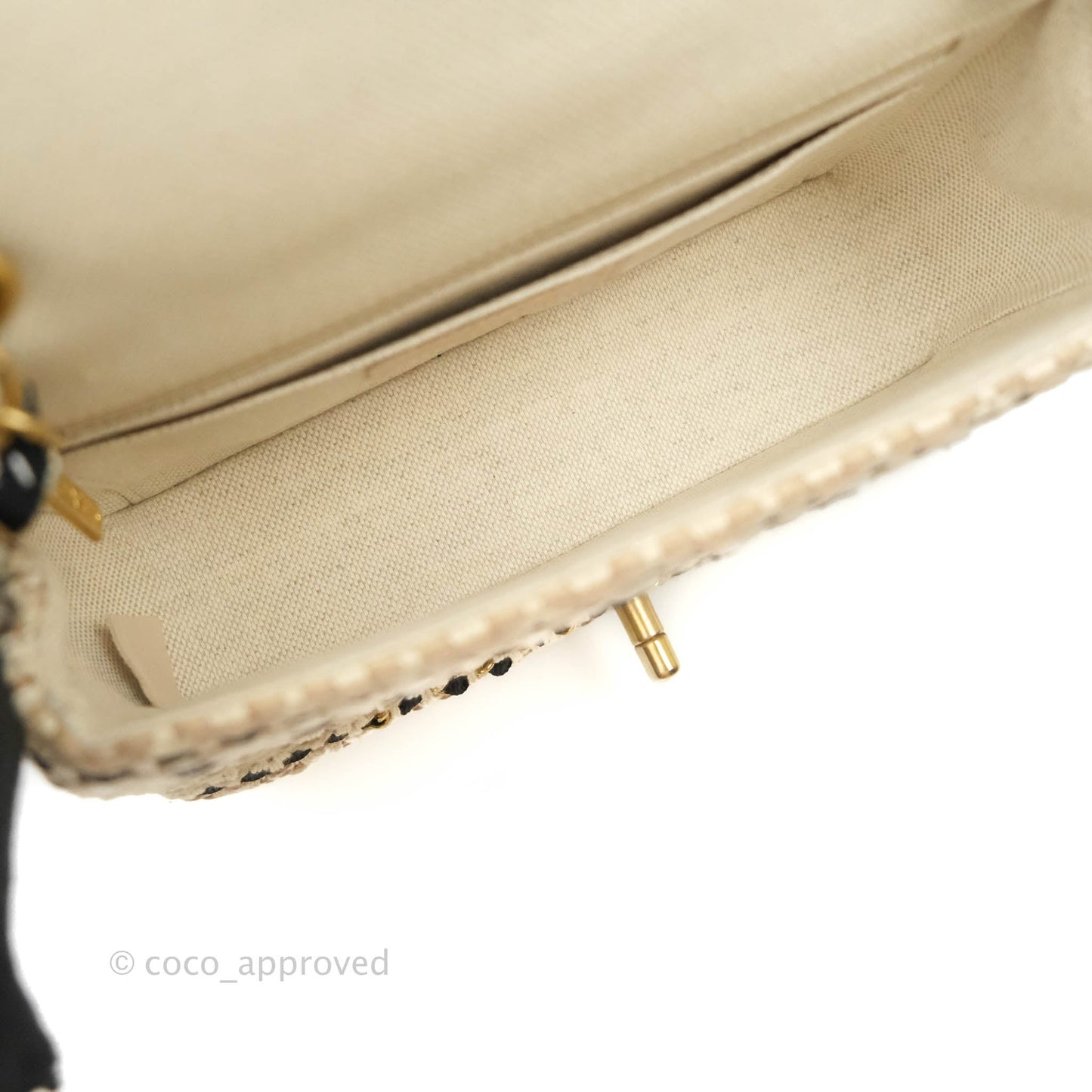 Chanel Mini Rectangular Flap Beige Tweed Chain Braid Aged Gold Hardware 19P