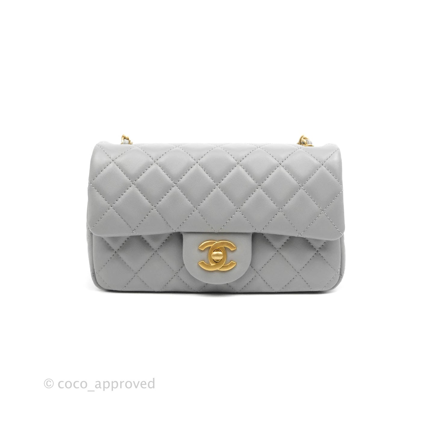 Chanel Mini Rectangular Pearl Crush Quilted Grey Lambskin Aged Gold Hardware