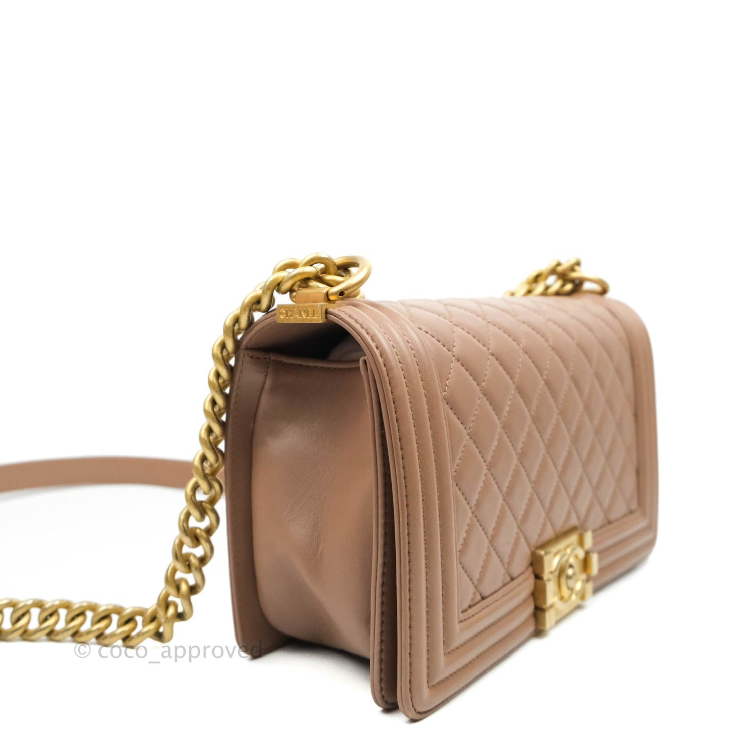 Chanel Old Medium Boy Bag Dark Beige Lambskin Aged Gold Hardware