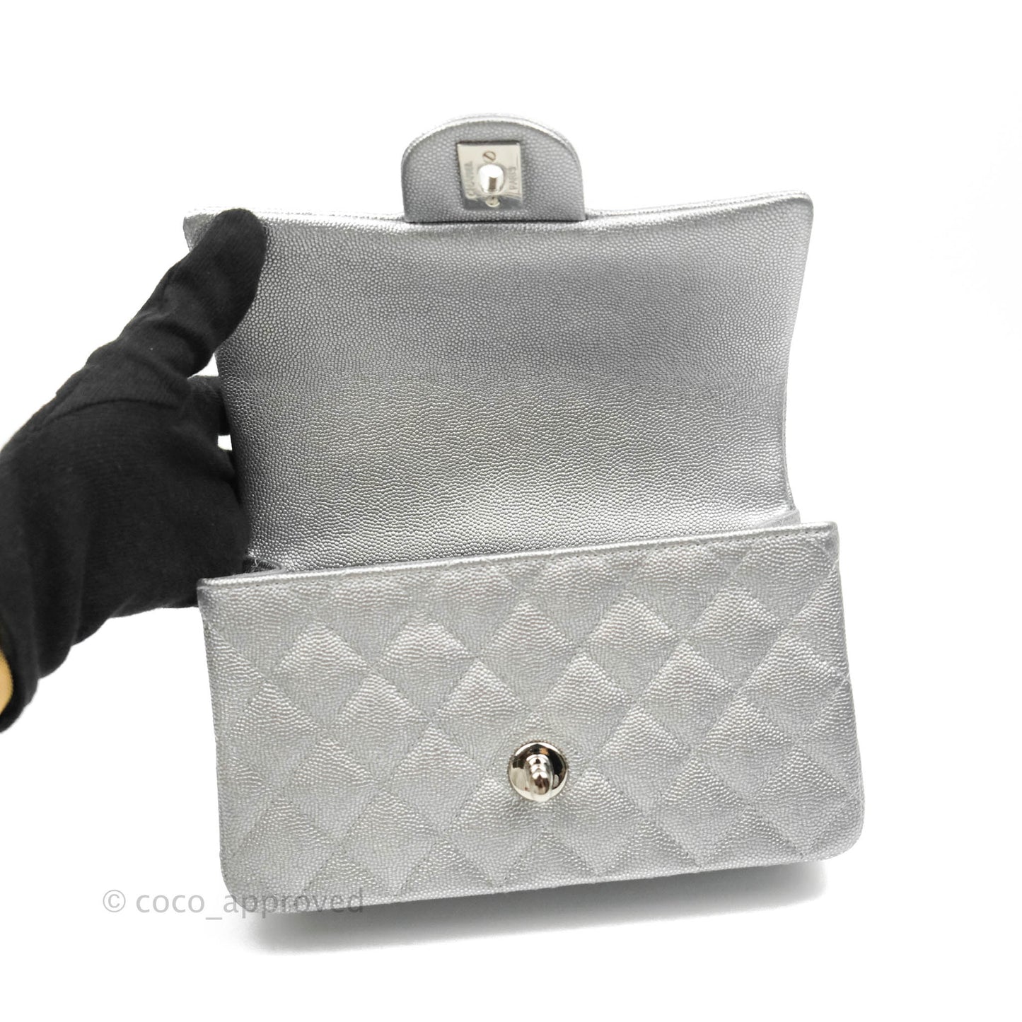 Chanel Top Handle Mini Rectangular Flap Bag Silver Caviar Silver Hardware