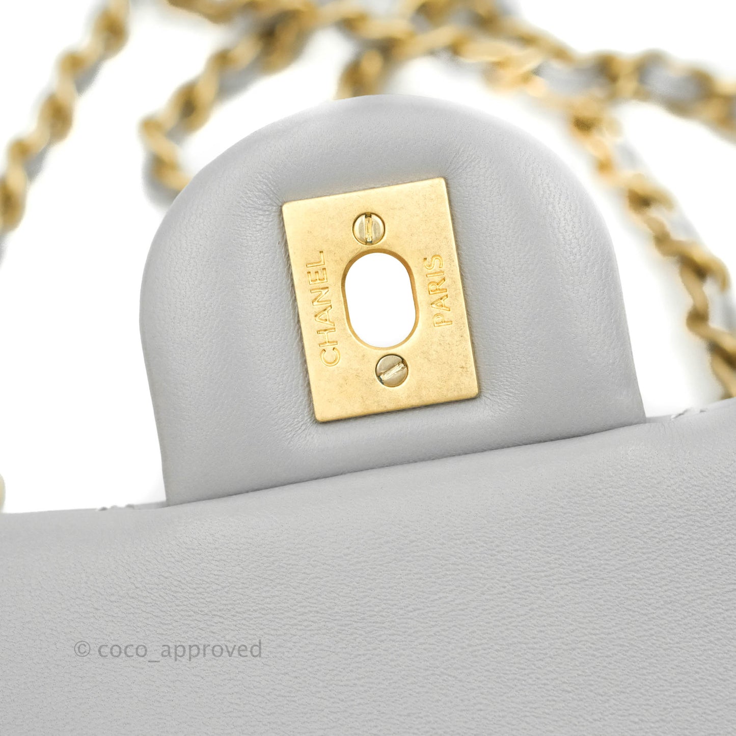 Chanel Mini Rectangular Pearl Crush Quilted Grey Lambskin Aged Gold Hardware