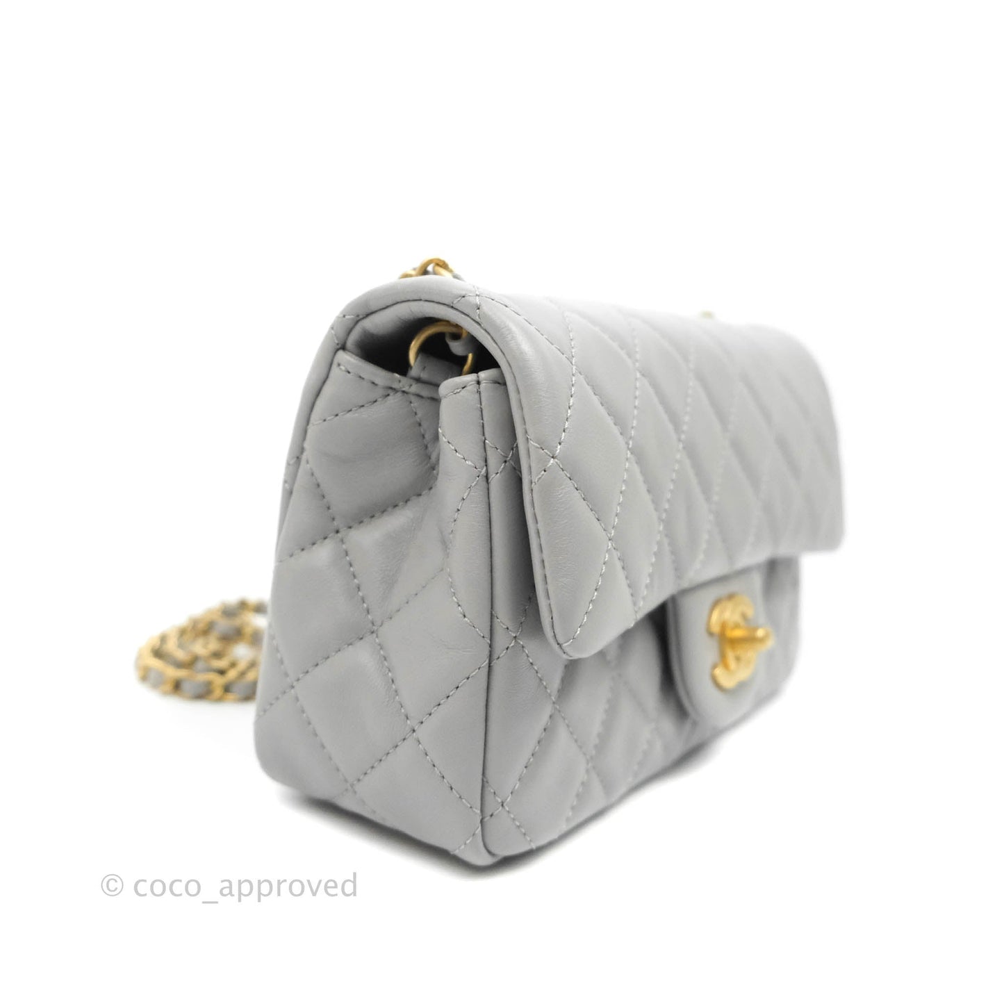 Chanel Mini Rectangular Pearl Crush Quilted Grey Lambskin Aged Gold Hardware