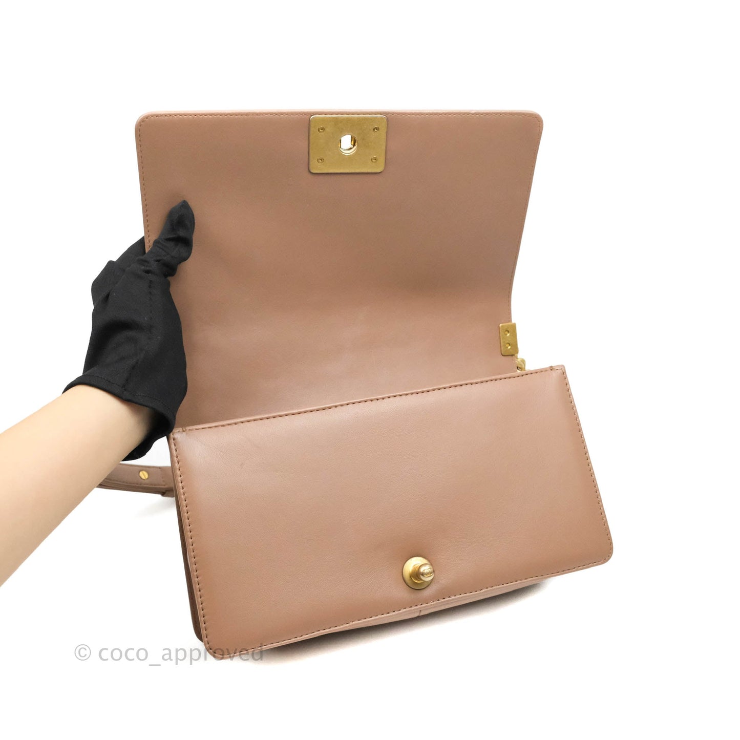 Chanel Old Medium Boy Bag Dark Beige Lambskin Aged Gold Hardware