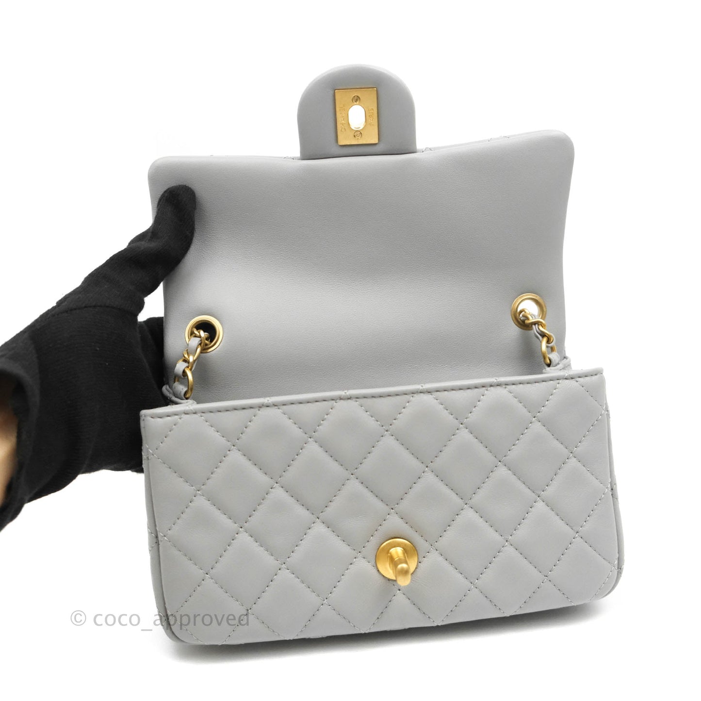 Chanel Mini Rectangular Pearl Crush Quilted Grey Lambskin Aged Gold Hardware