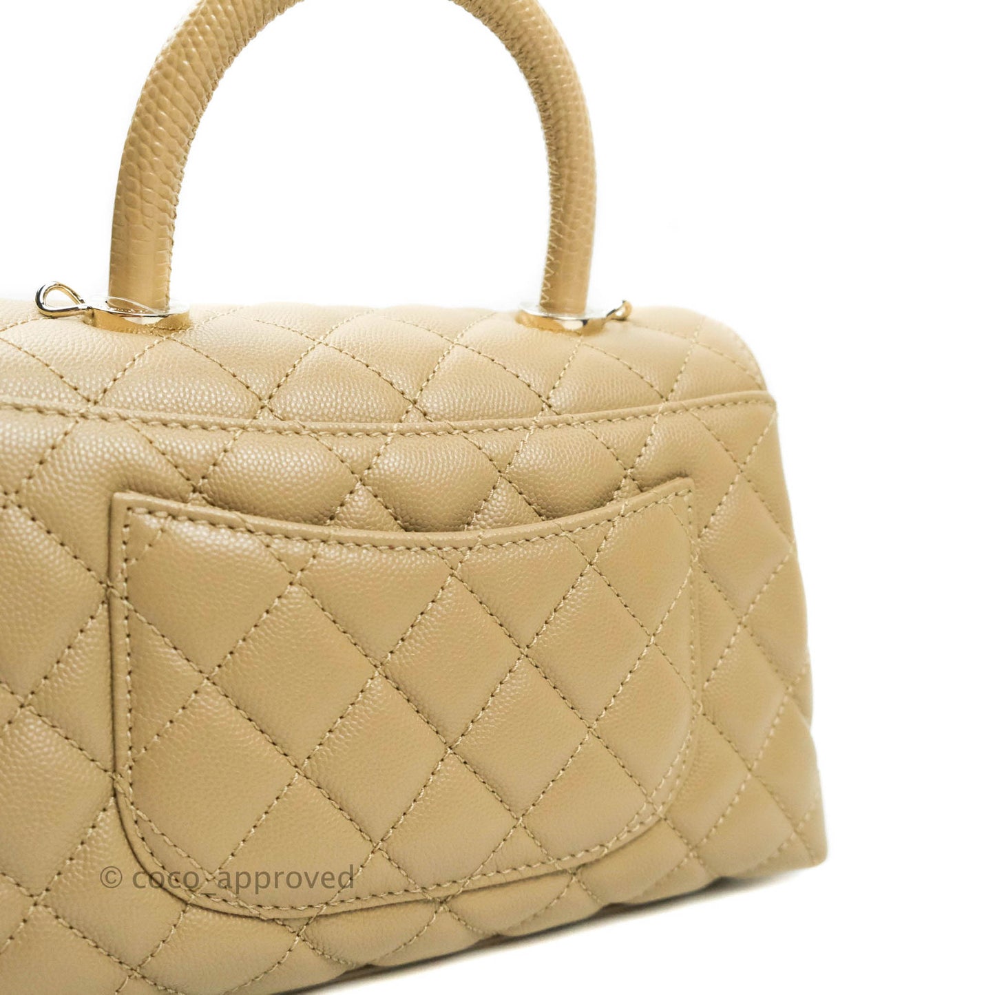 Chanel Mini (Small) Beige Coco Handle Quilted Caviar Gold Hardware Embossed Lizard Handle 21A