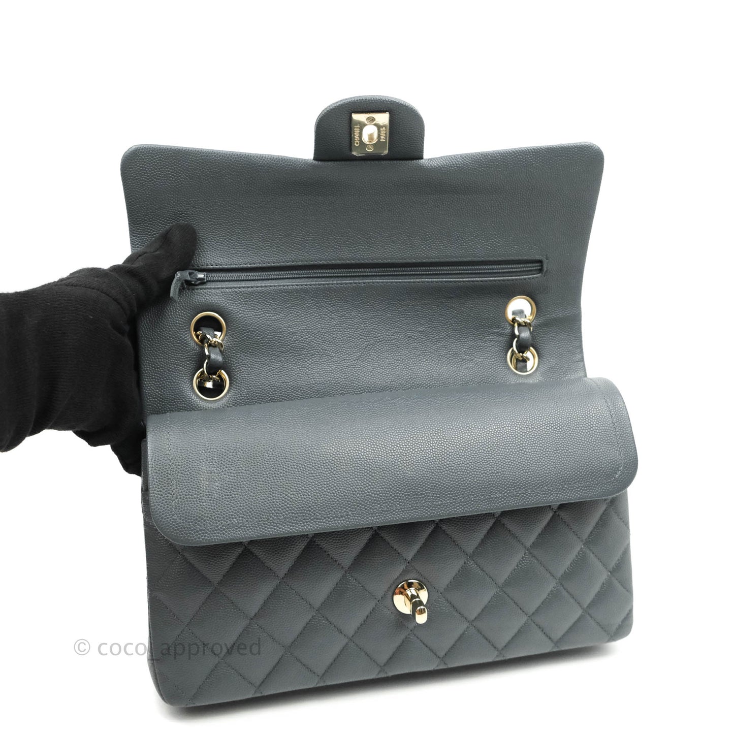 Chanel Classic M/L Medium Double Flap Grey Caviar Gold Hardware 18B (Private Sale Item)
