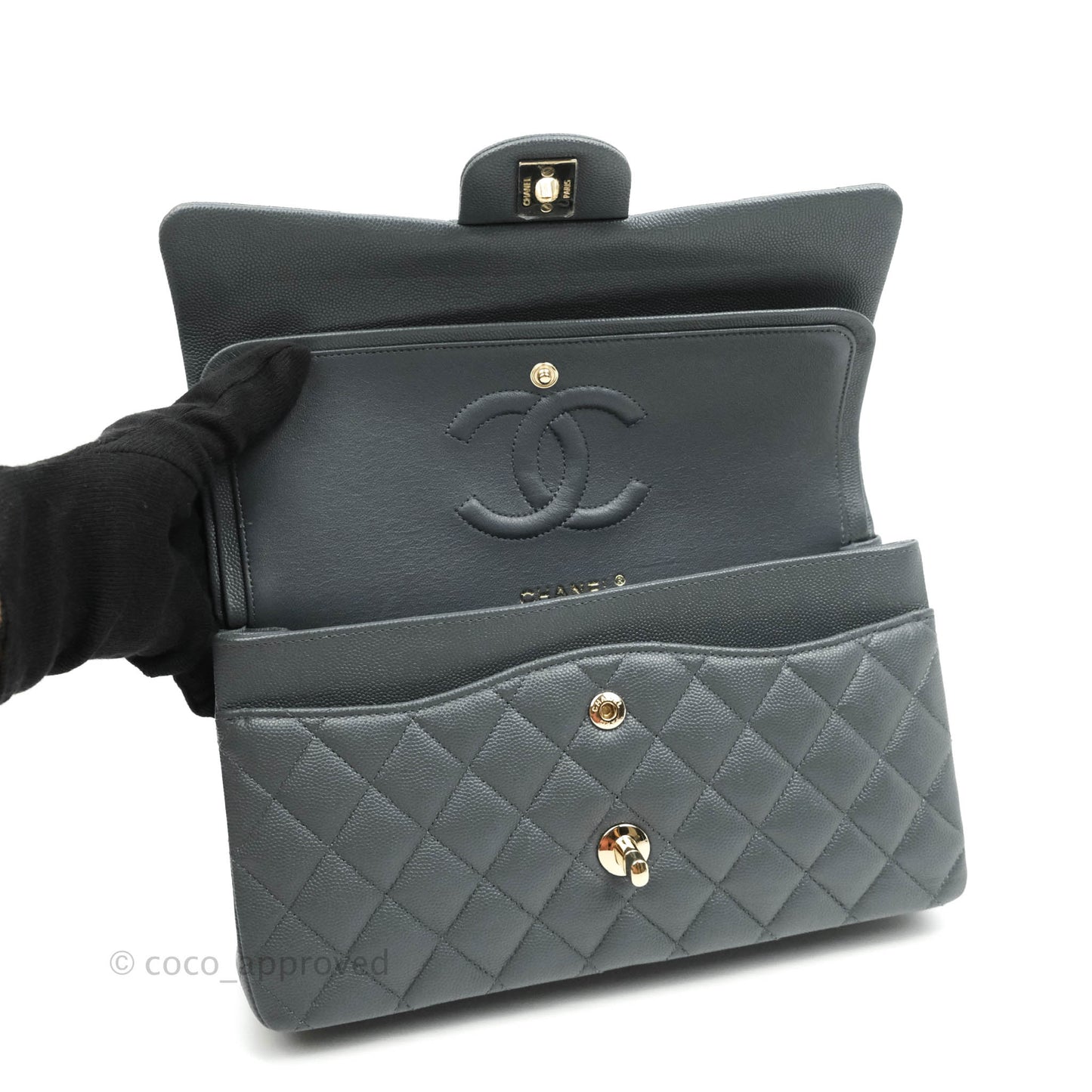Chanel Classic M/L Medium Double Flap Grey Caviar Gold Hardware 18B (Private Sale Item)