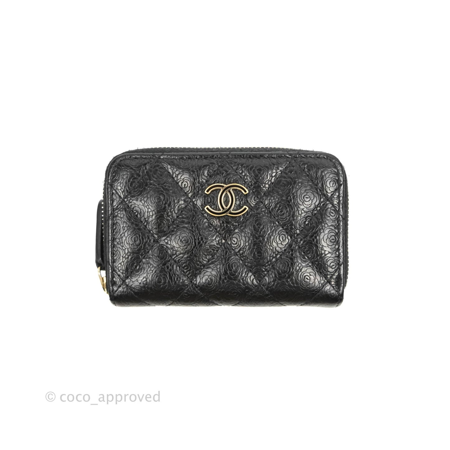 Chanel Camellia Embossed Zipped Coin Purse Black Calfskin Gold Hardware