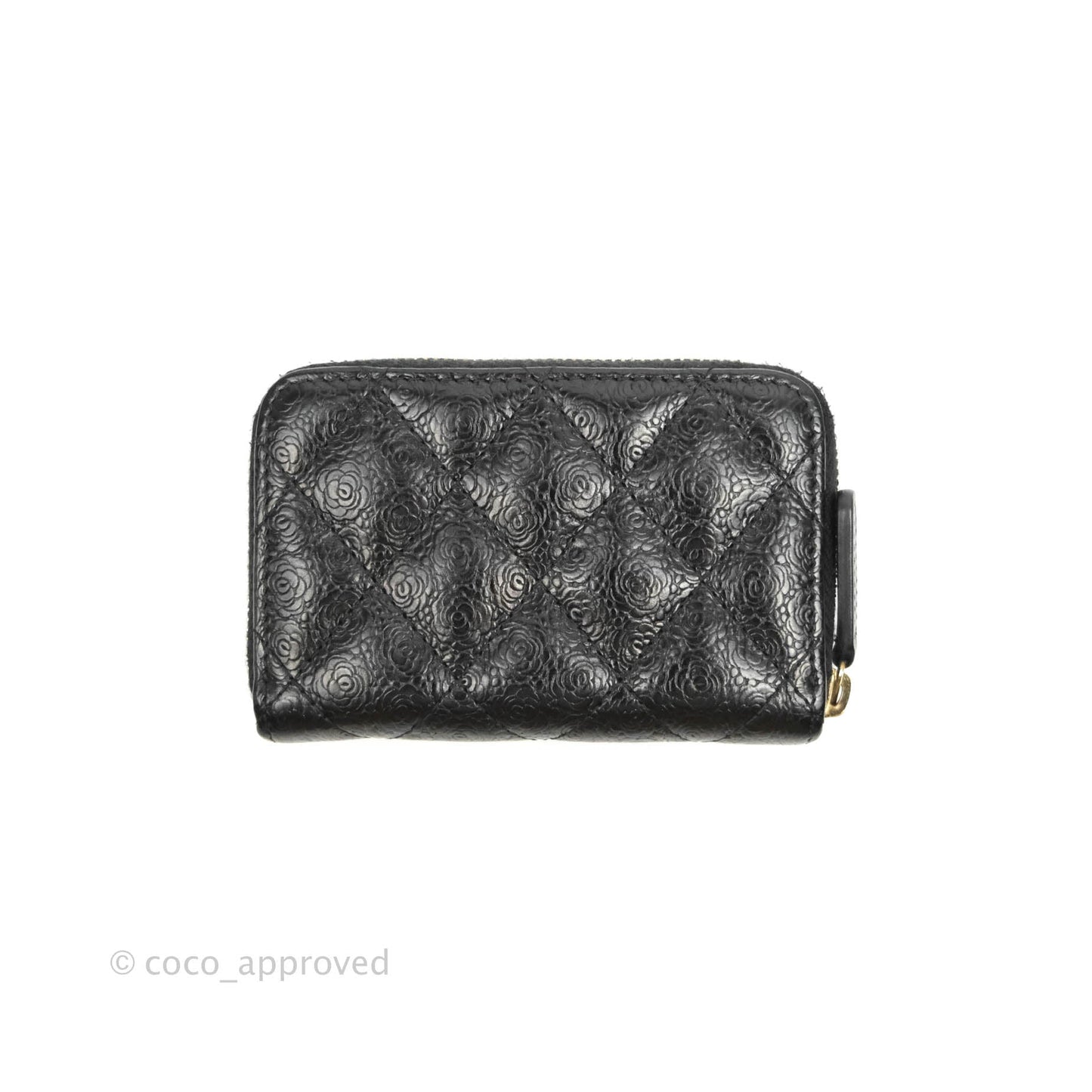 Chanel Camellia Embossed Zipped Coin Purse Black Calfskin Gold Hardware