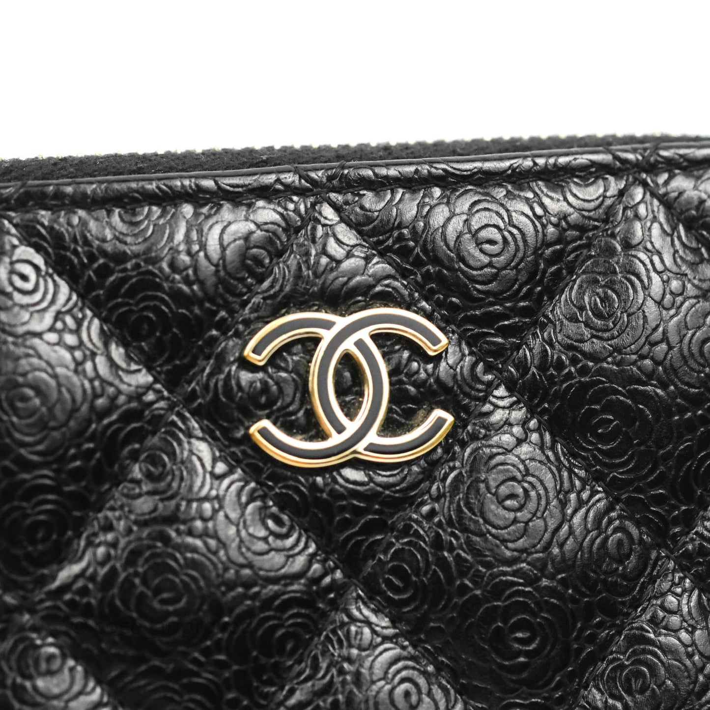Chanel Camellia Embossed Zipped Coin Purse Black Calfskin Gold Hardware
