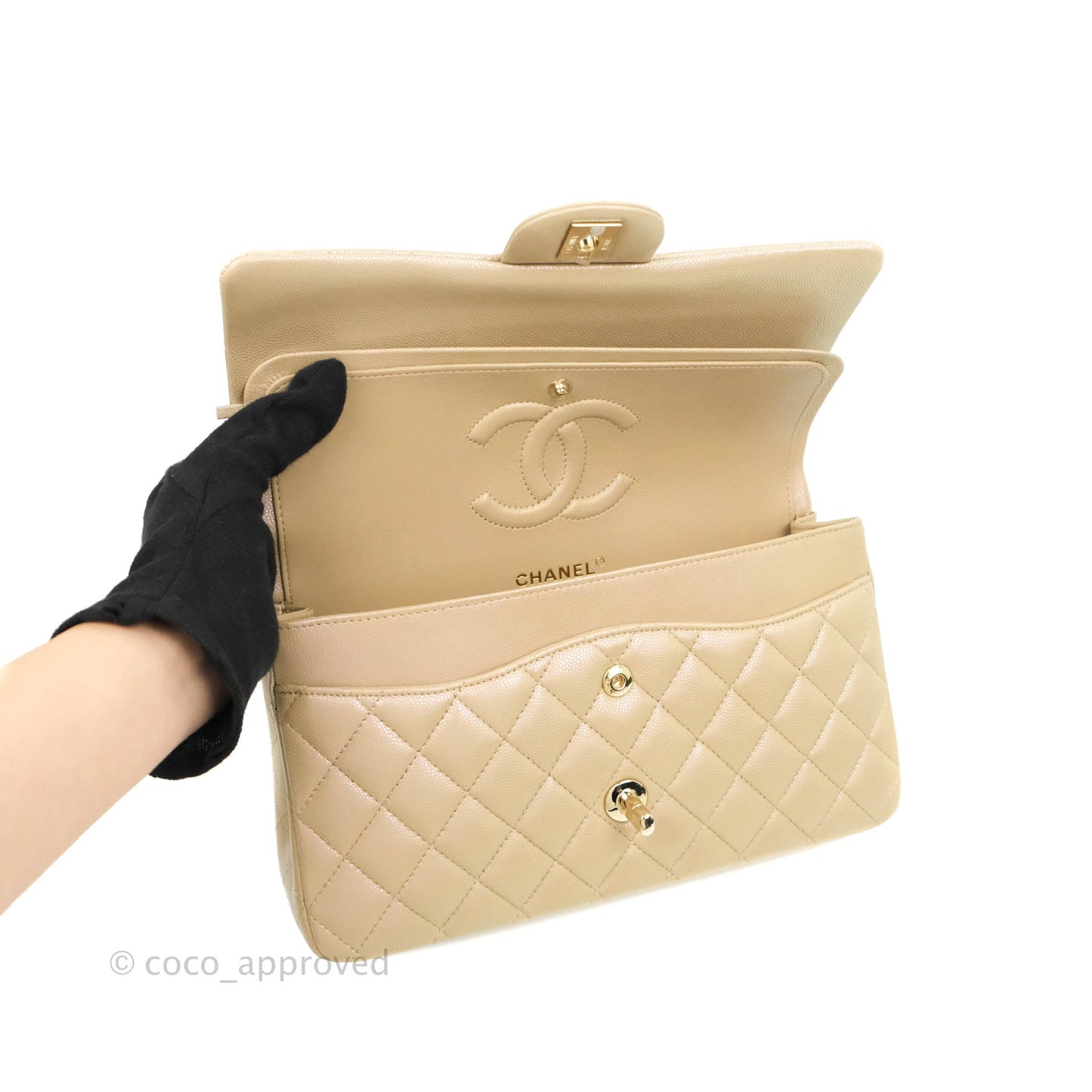 Chanel M/L Medium Double Flap Bag Iridescent Dark Beige Caviar Gold Hardware 21S
