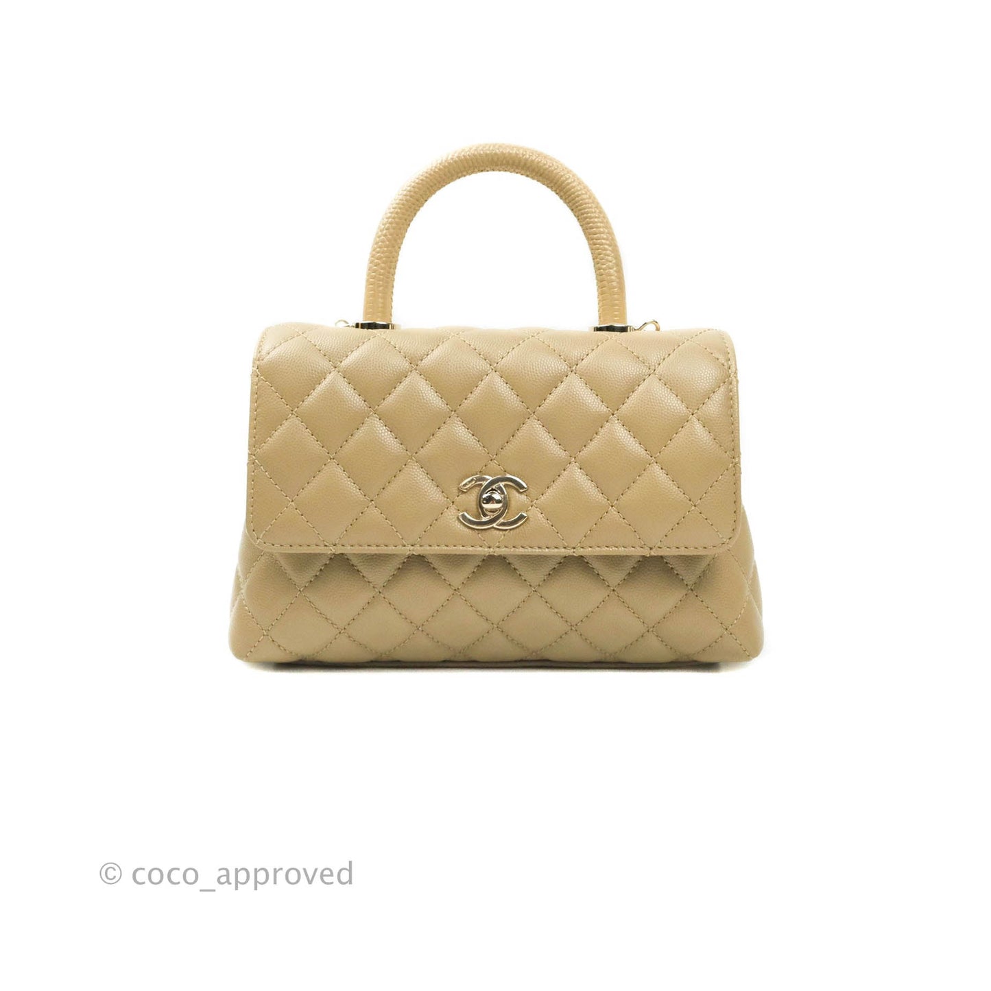 Chanel Mini (Small) Beige Coco Handle Quilted Caviar Gold Hardware Embossed Lizard Handle 21A