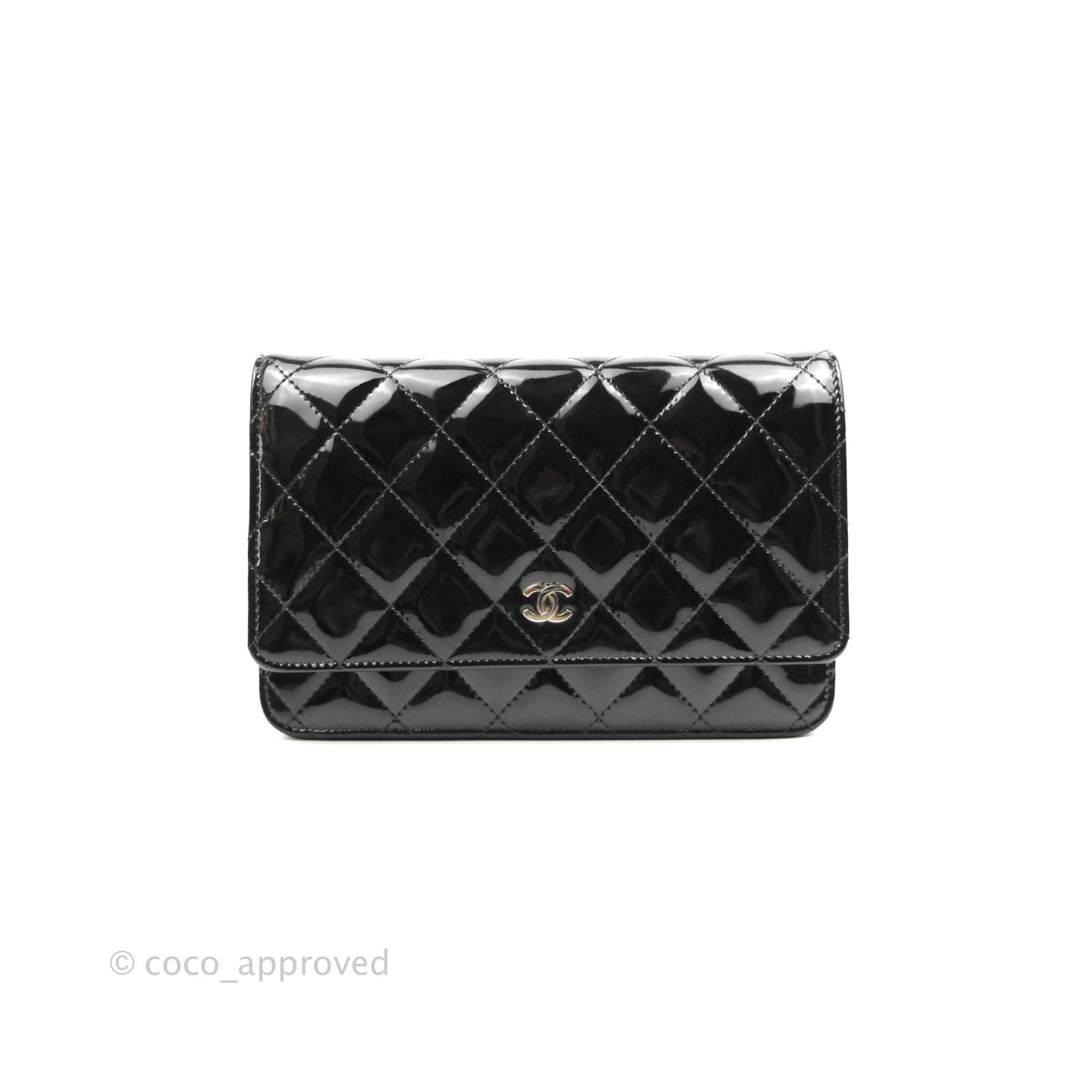 Chanel Quilted Wallet on Chain WOC Black Patent Silver Hardware
