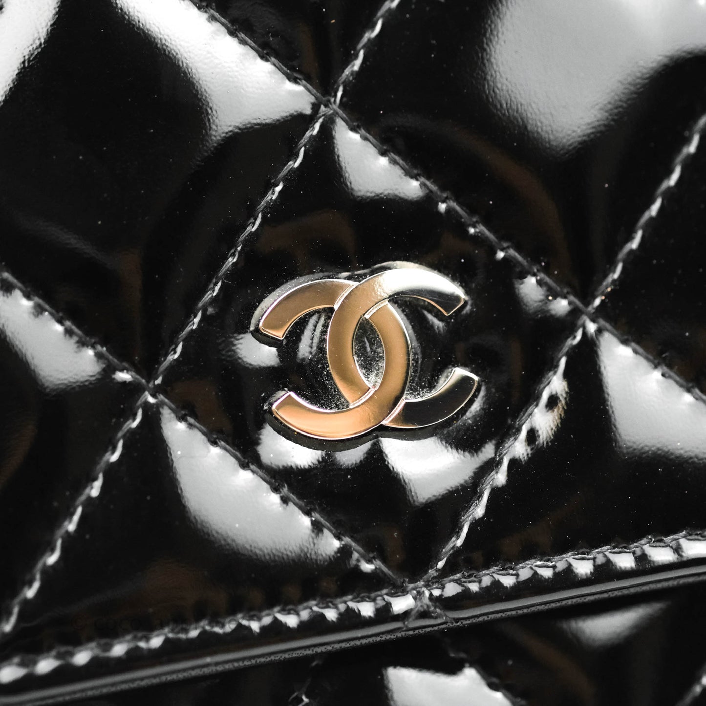 Chanel Quilted Wallet on Chain WOC Black Patent Silver Hardware