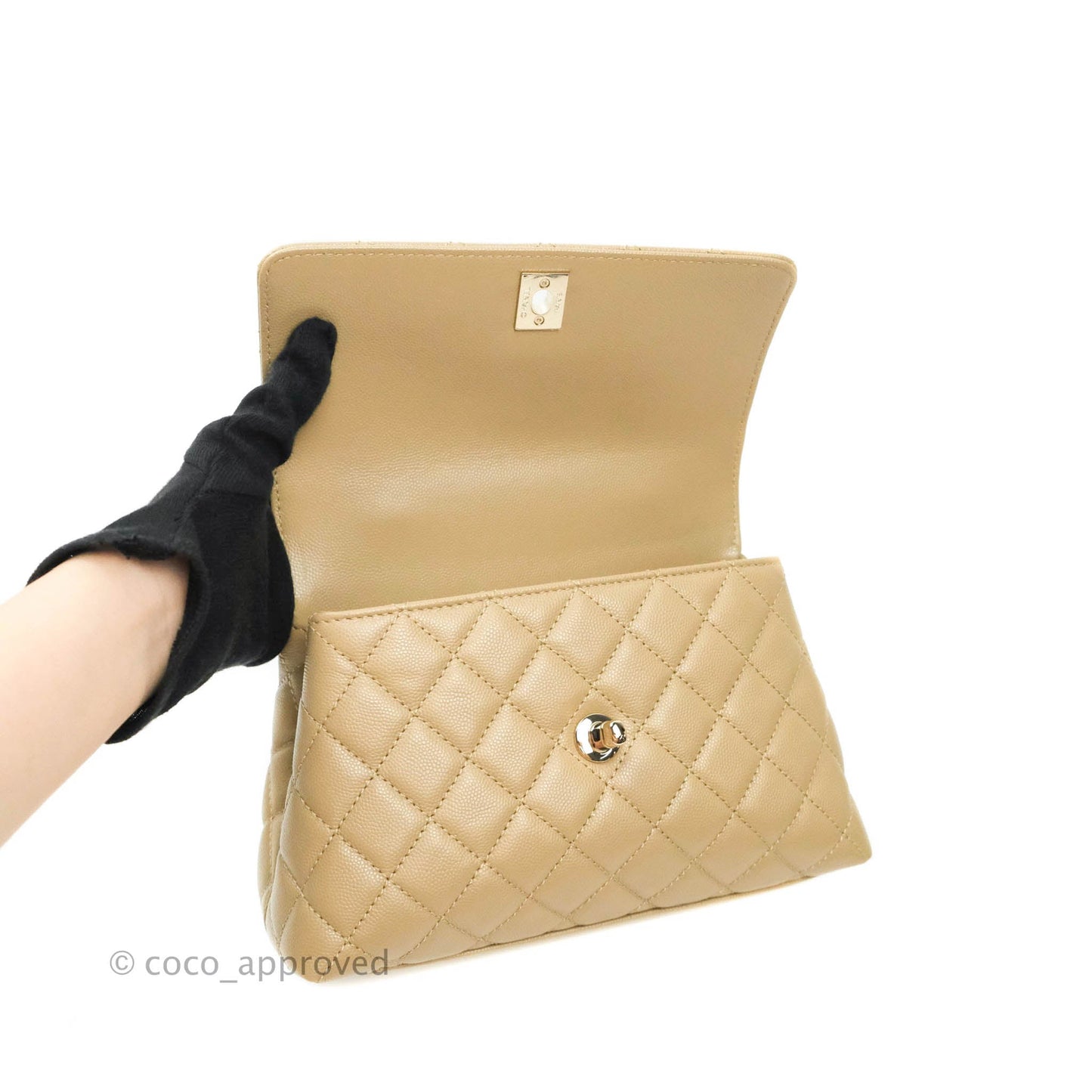 Chanel Mini (Small) Beige Coco Handle Quilted Caviar Gold Hardware Embossed Lizard Handle 21A