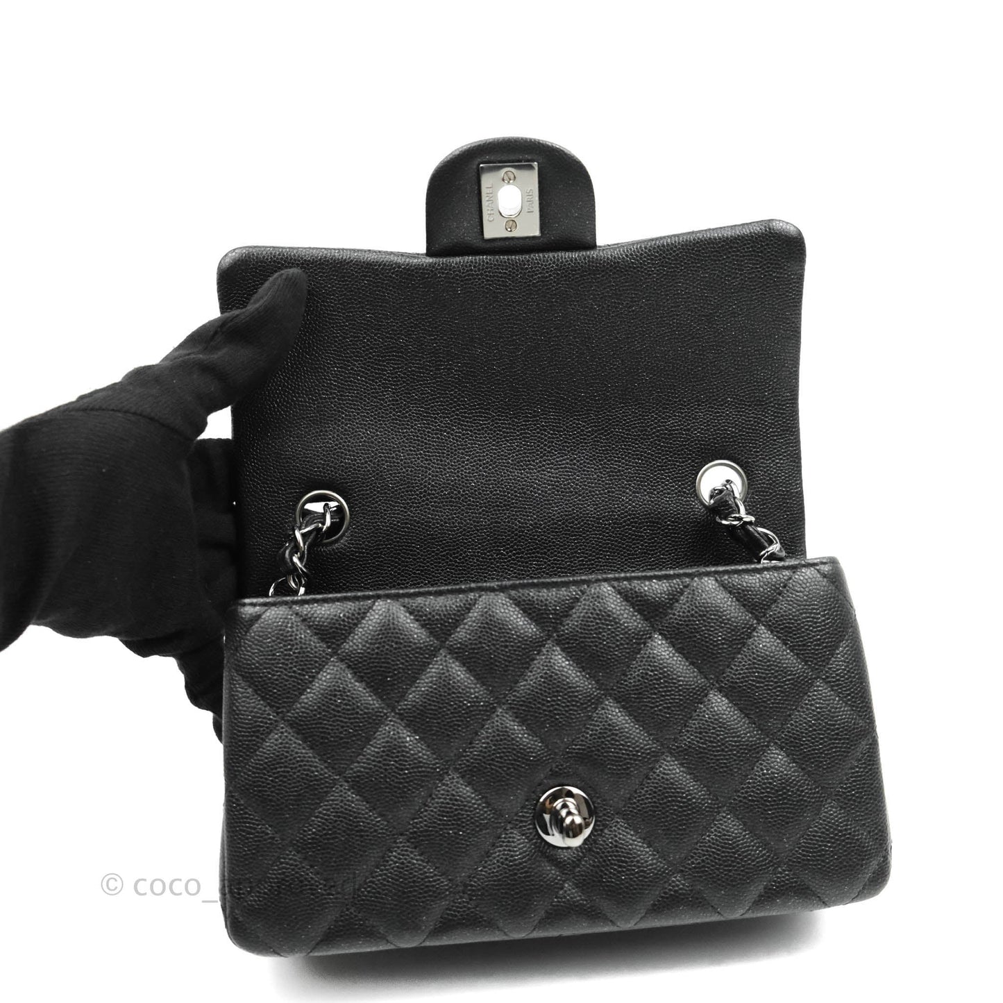 Chanel Quilted Mini Rectangular Iridescent Black Caviar Gun Metal 18C