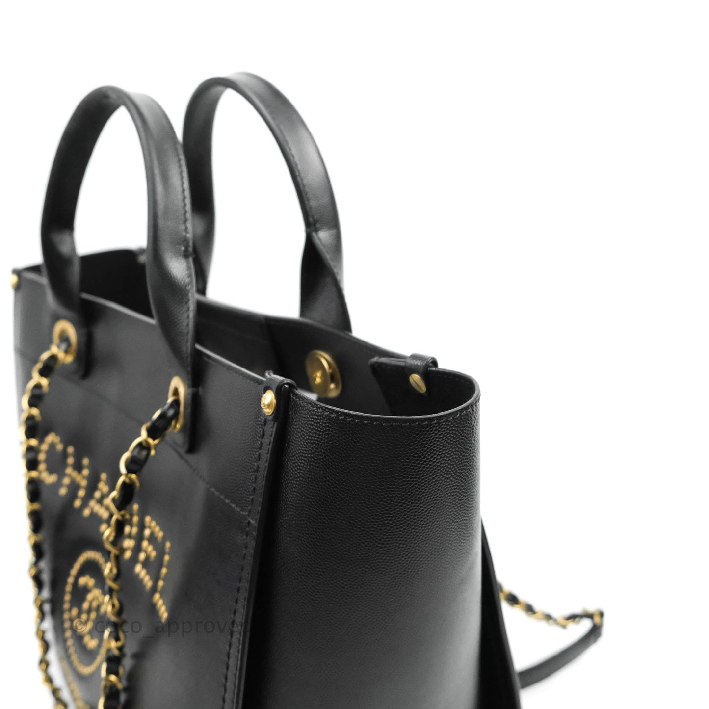Chanel Small Studded Black Caviar Deauville Shopping Bag Aged Gold Hardware