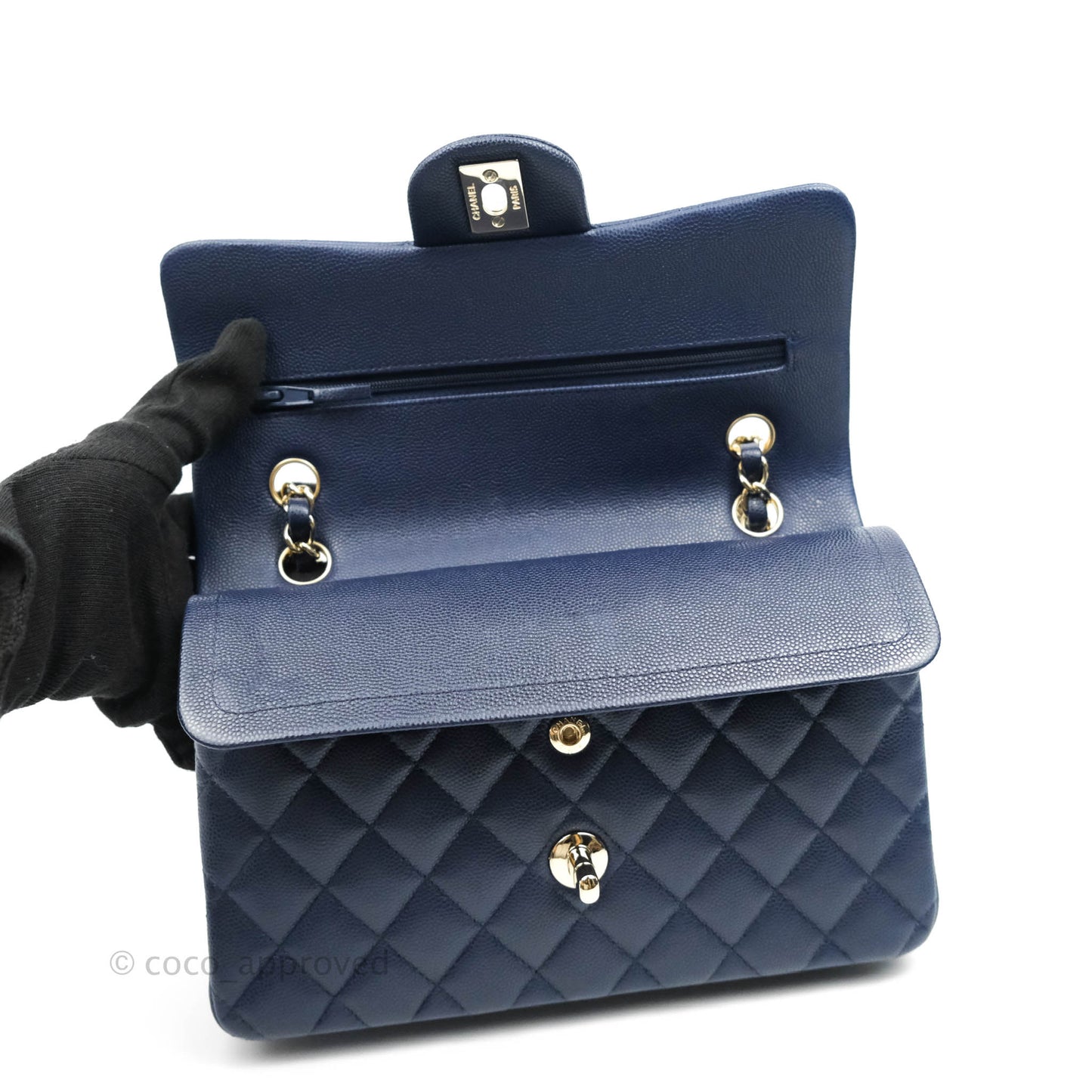Chanel Classic Small S/M Flap Dark Blue Caviar Gold Hardware 21P